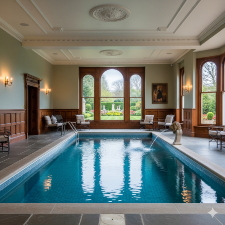 UK home swimming pool Indoor pool with large windows overlooking a garden, adorned with elegant seating.