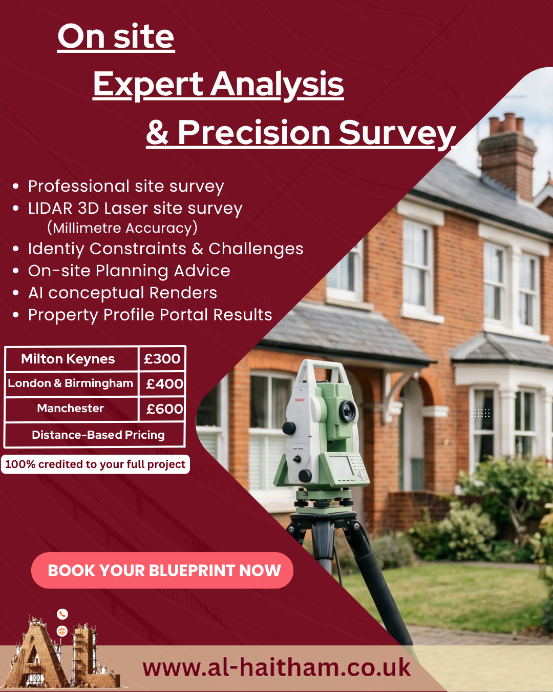 On-site Architecture consultation A modern surveying instrument in front of a red-brick house with a garden.