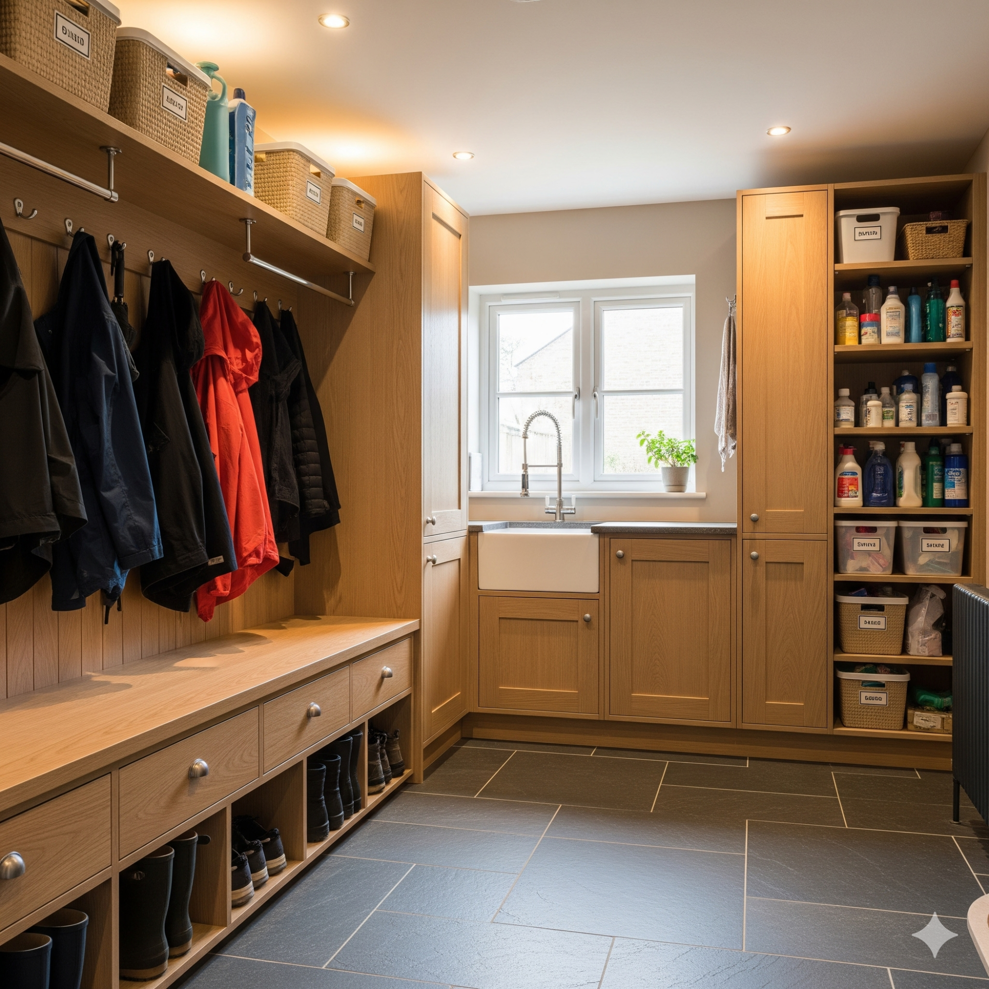 The Functional & Organised Bootility Bright utility room with storage, sink, and hooks for coats.