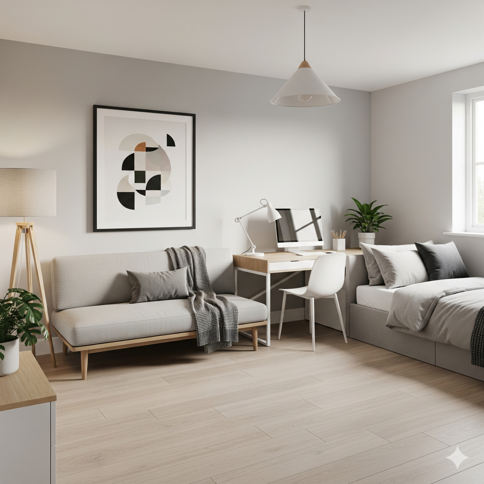 Minimalist & Modern Pad Modern living room with a sofa, desk, plants, and artwork on the wall.