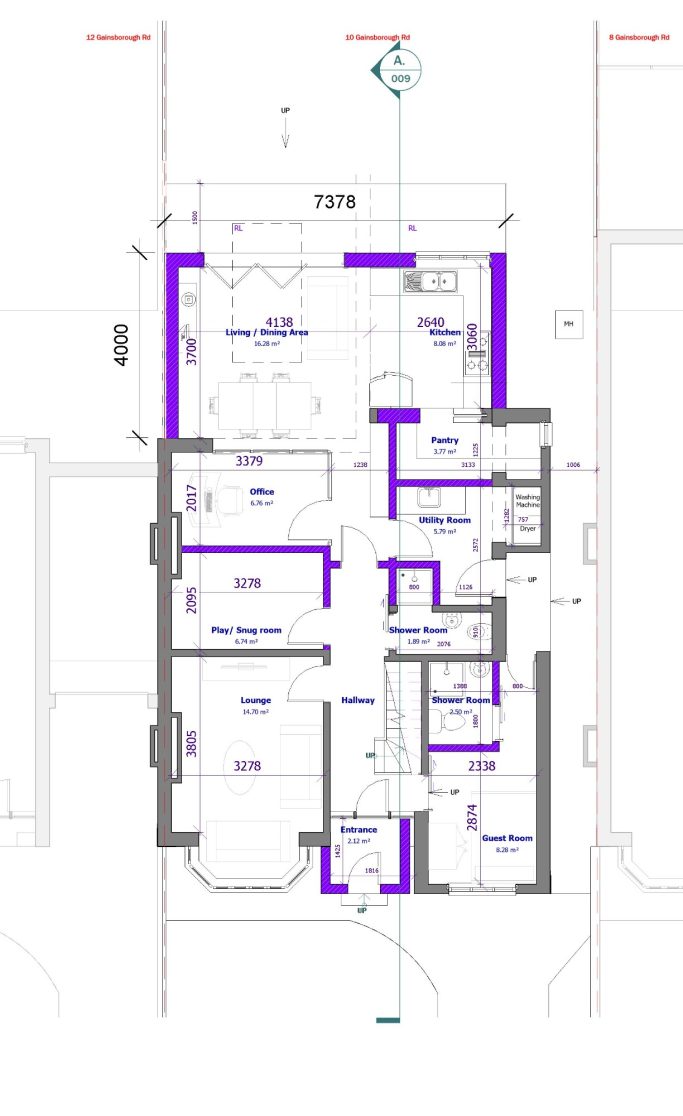 Proposed Ground Floor Floor plan showing room layout with dimensions and plumbing marked in purple.