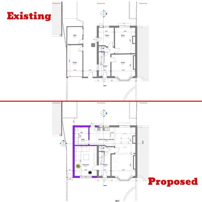 Existing and proposed ground floor plan Comparison of existing and proposed floor plans, highlighting changes in layout.
