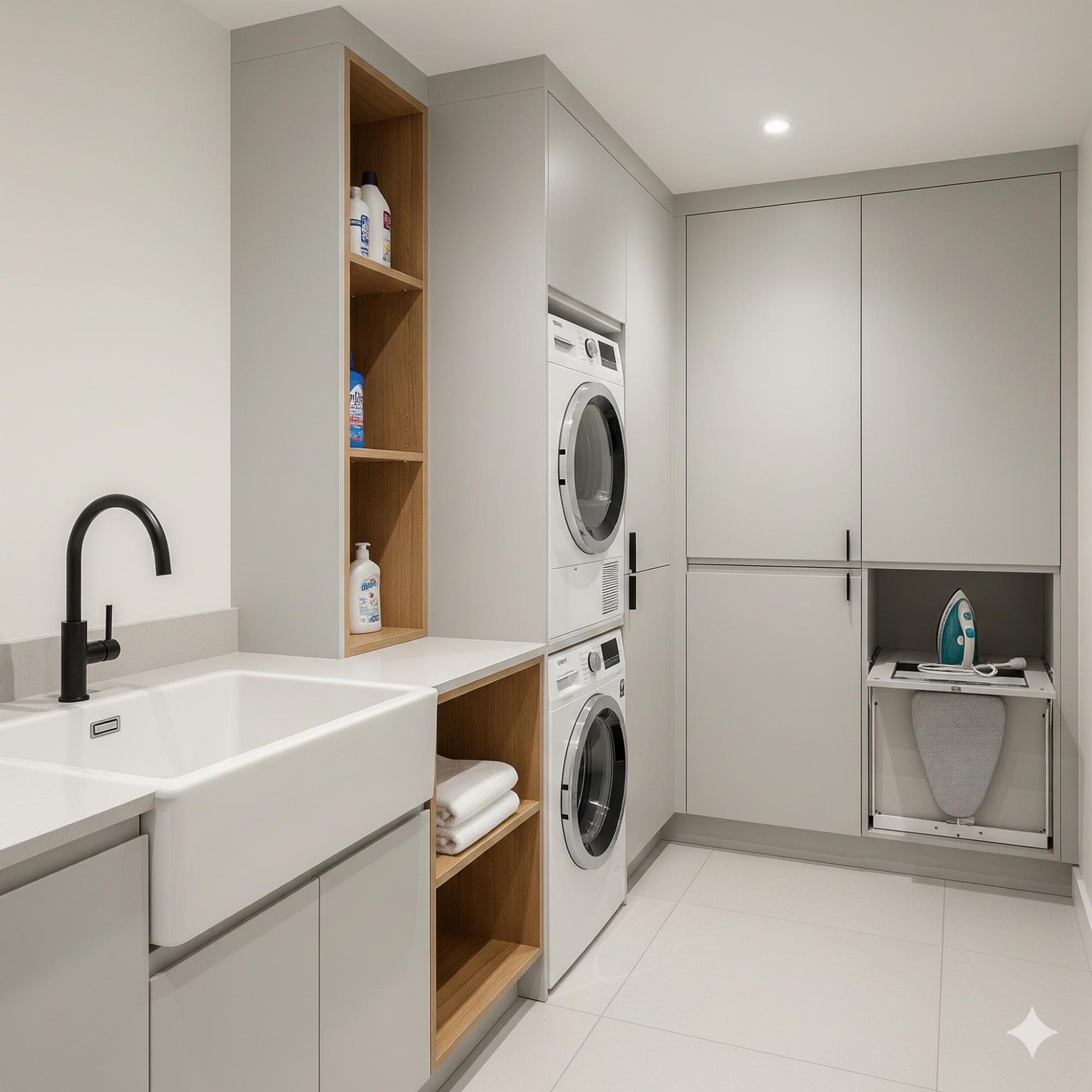 Modern & Minimalist Modern laundry room featuring a washer and dryer, sink, and shelving for supplies.