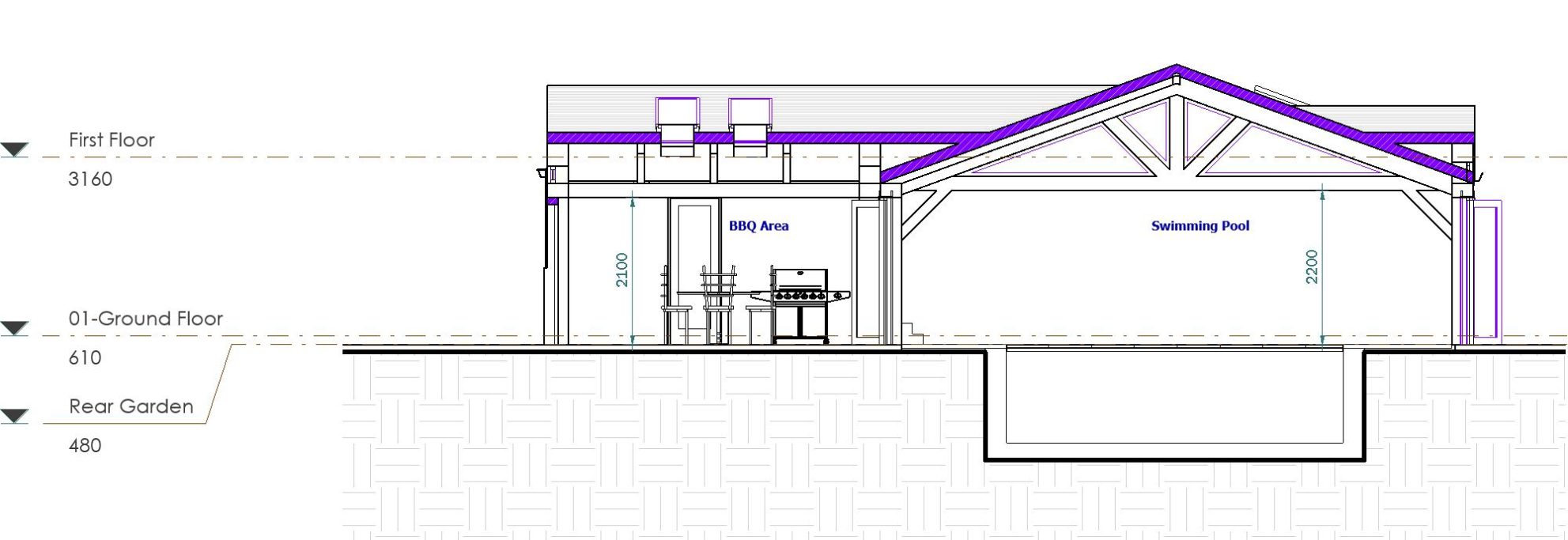Proposed Vertical Section Sectional view of a single-storey building with outdoor seating and entryway details.