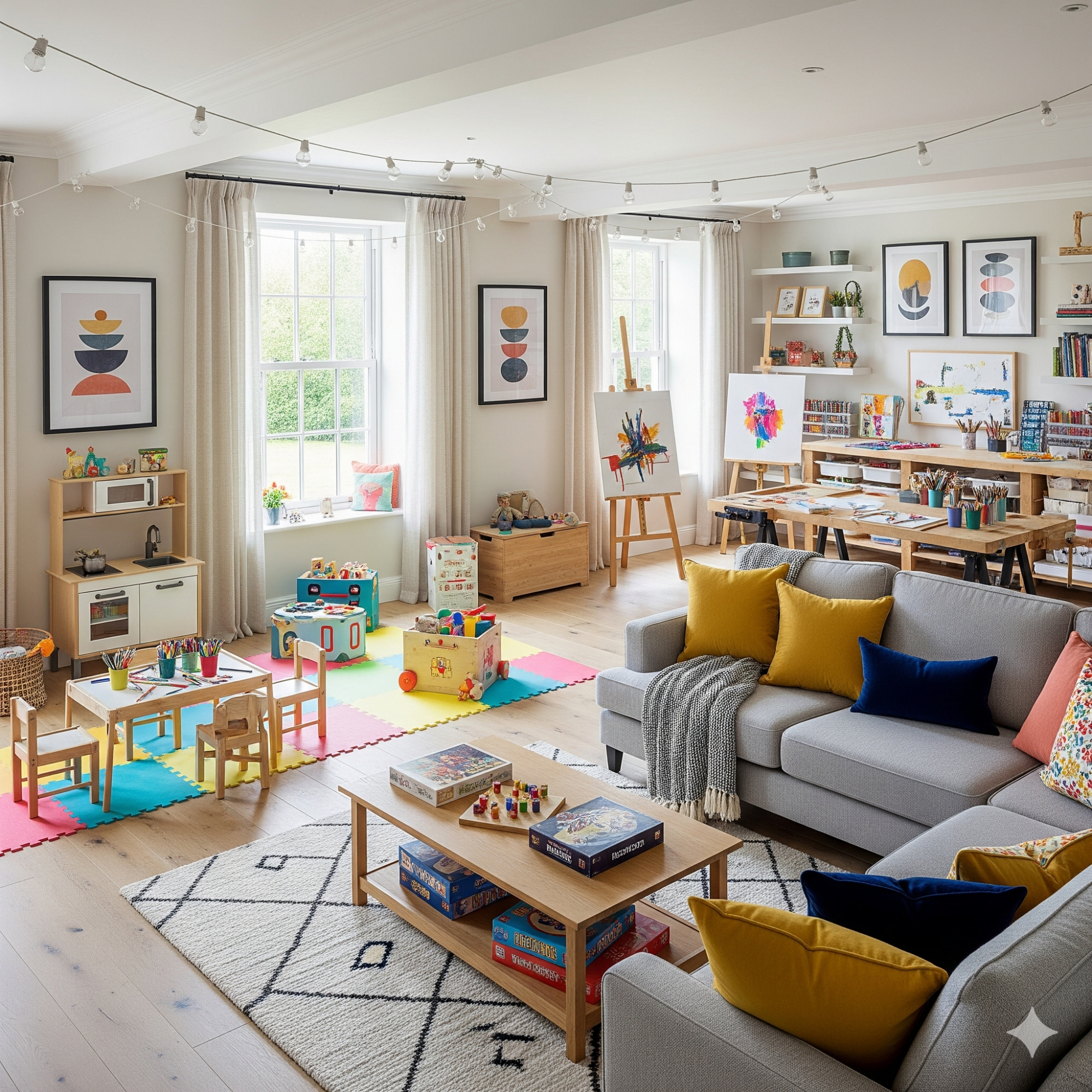 Multifunctionality Bright and colourful children's playroom with toys, artworks, and cozy seating.