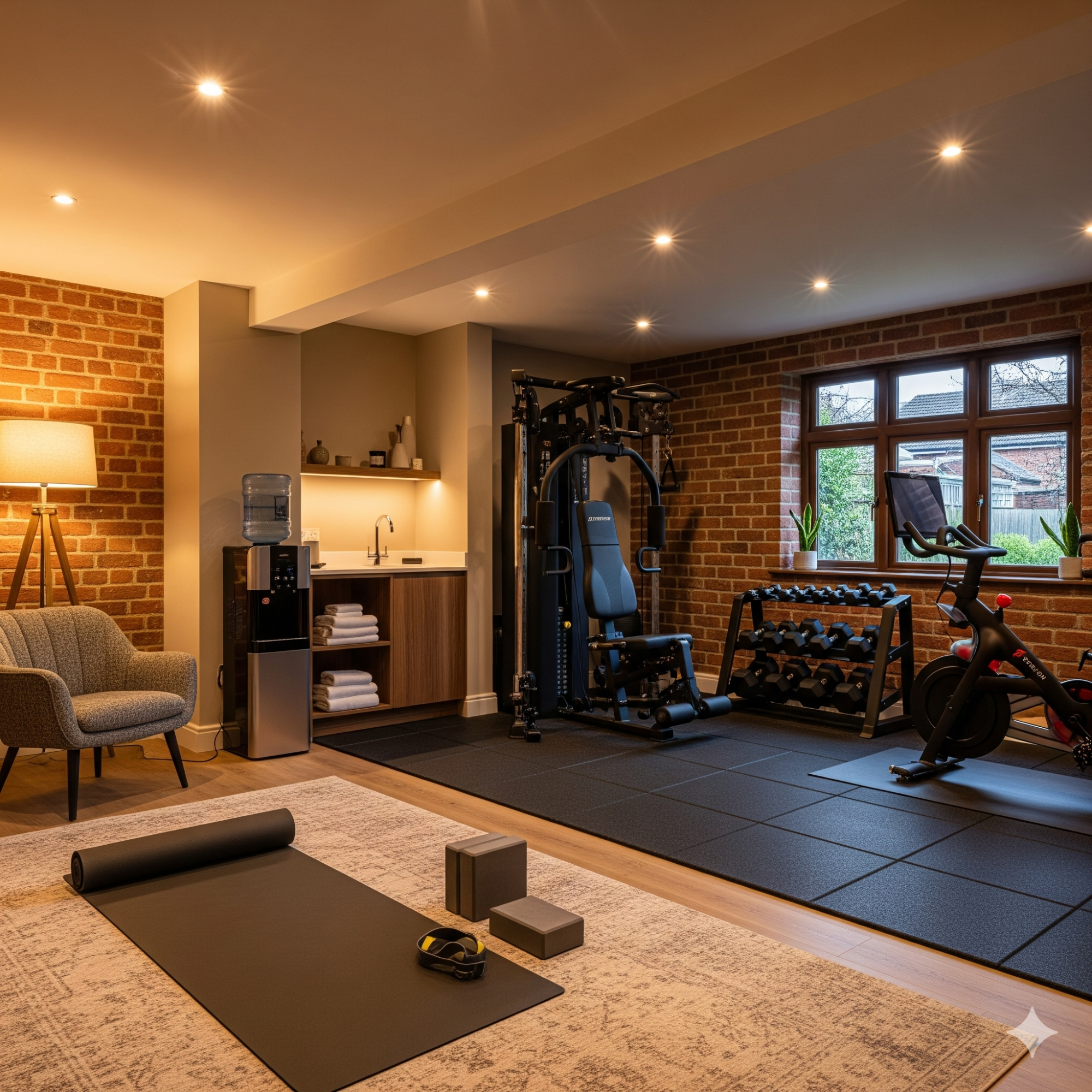 Resimercial Design Home gym area featuring workout equipment, yoga mat, and a cozy seating corner.