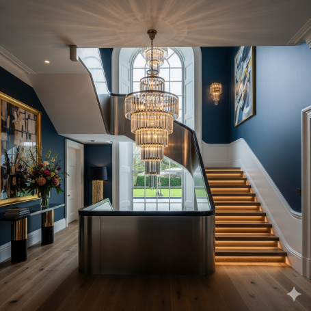 UK Landing Elegant hallway with a grand staircase, chandelier, and dark blue walls.