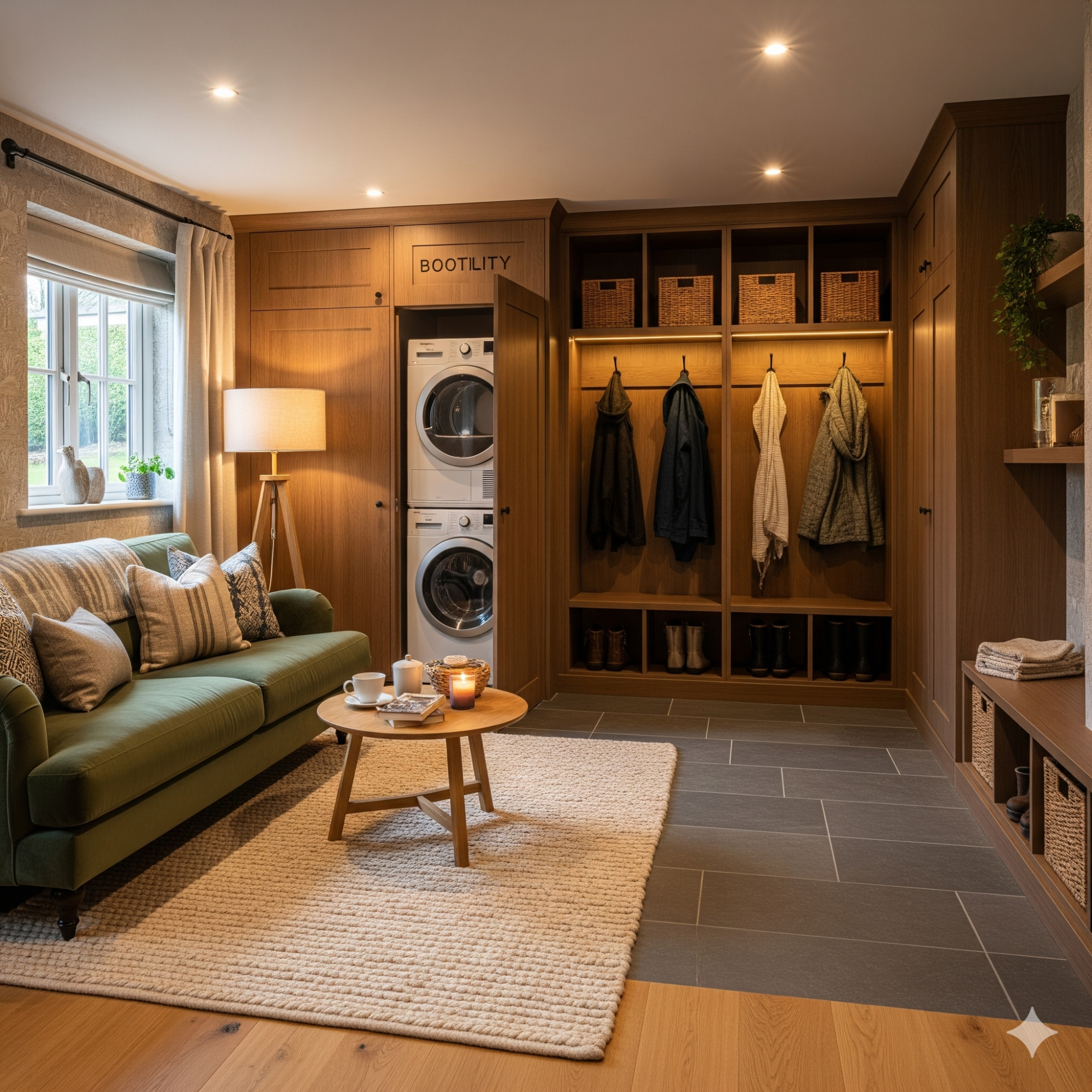 The Bootility Snug A modern laundry room with a green sofa, round table, and organised storage.