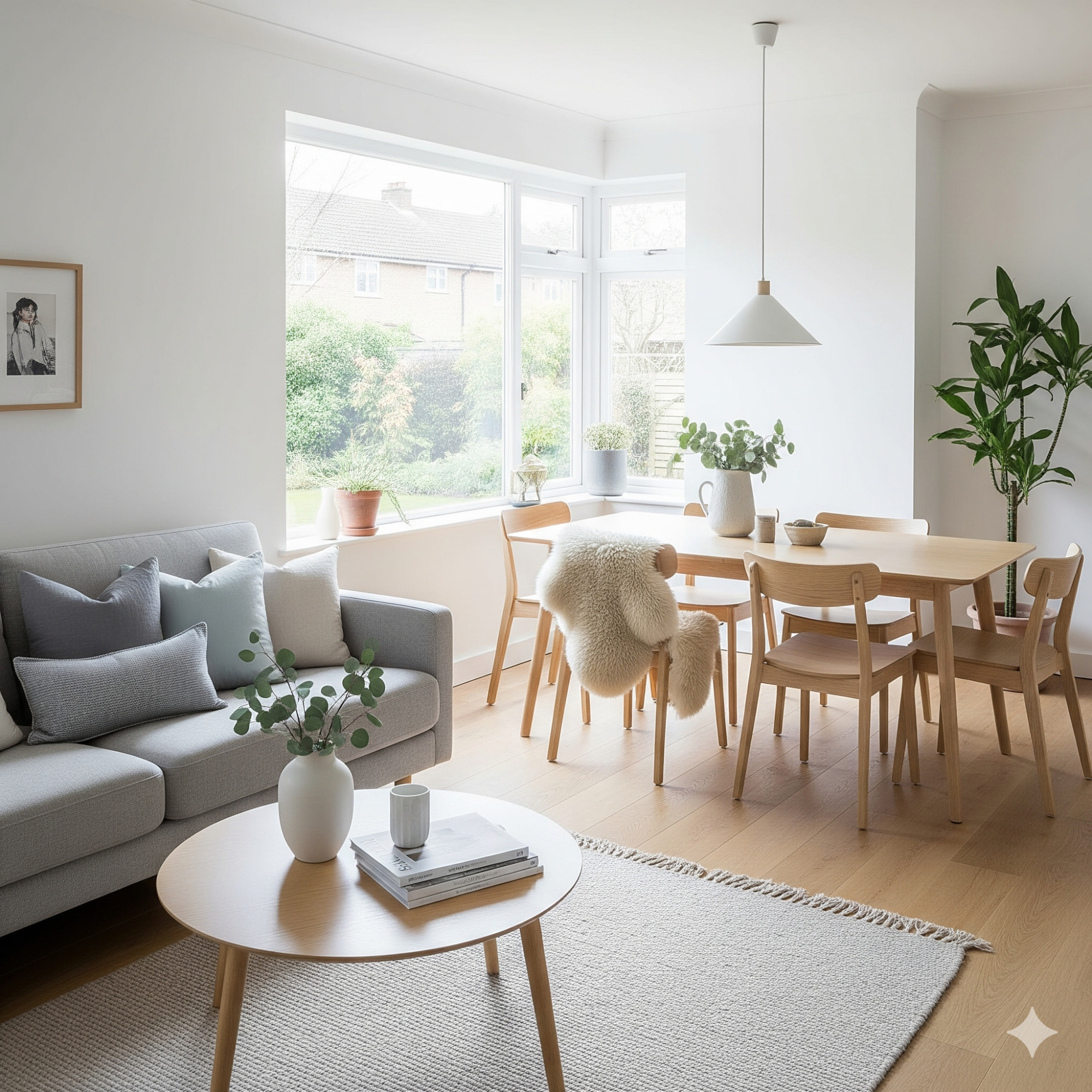 Scandinavian (Scandi) Bright, modern living area with a grey sofa, dining table, and large windows.