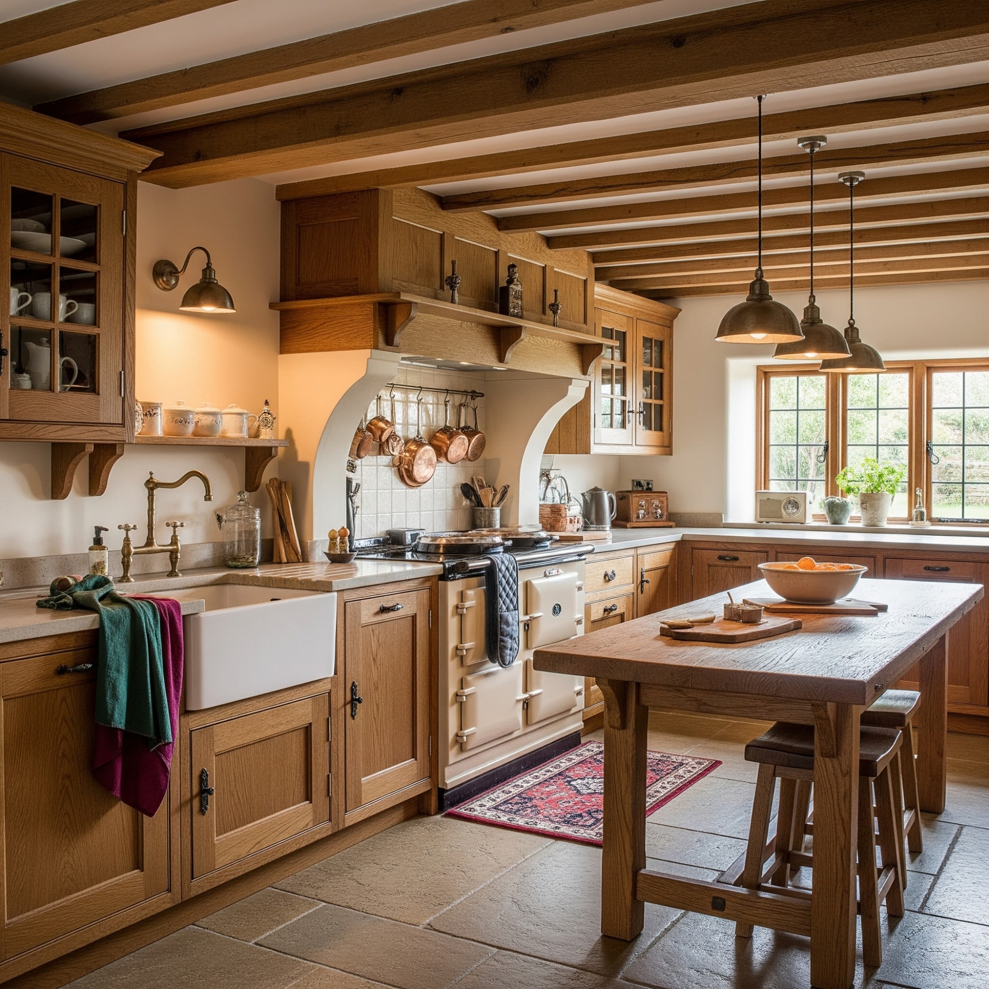 Rustic style Modern kitchen with wooden cabinets, a farmhouse sink, and a central dining table.