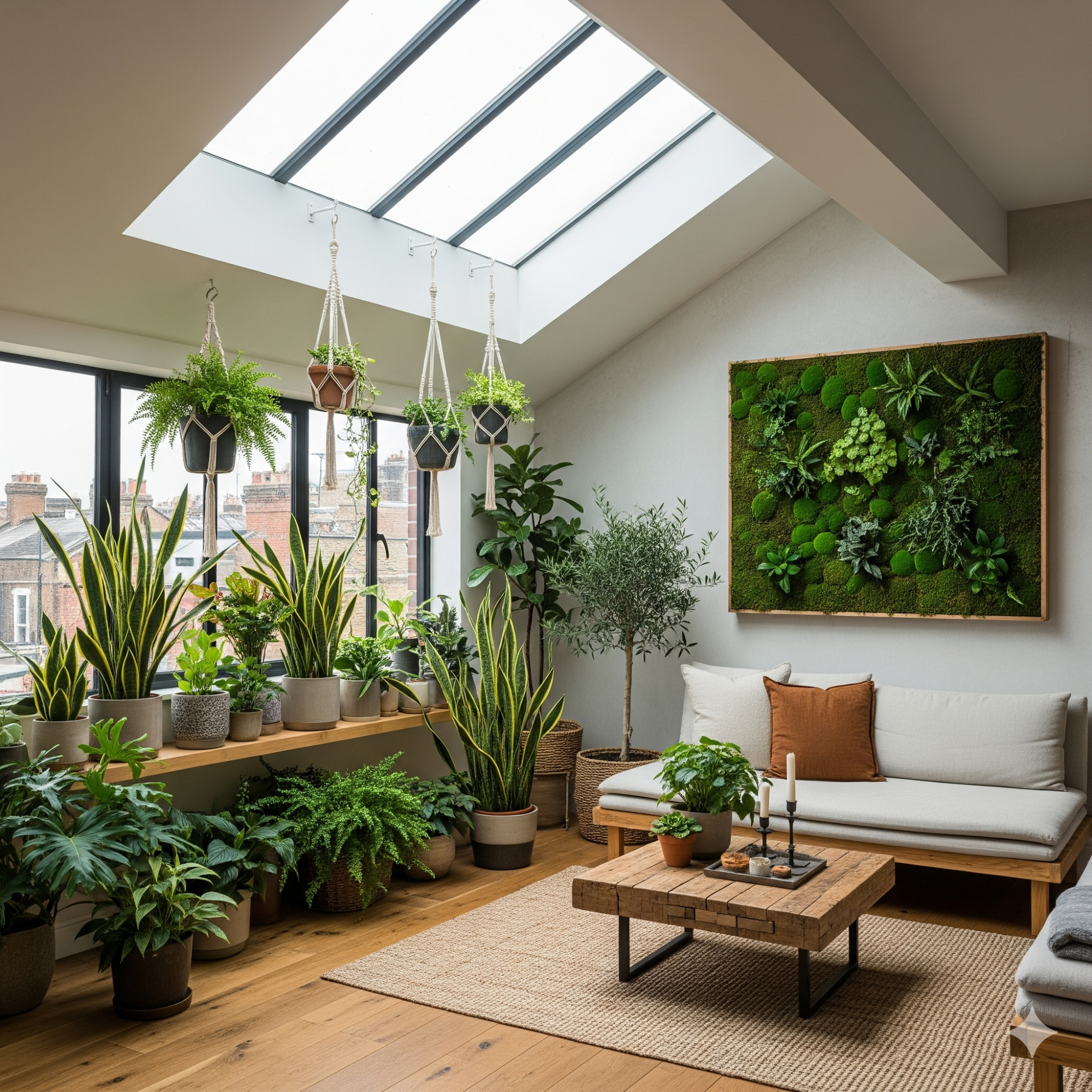 Biophilic Design A bright living room filled with various indoor plants and a large green wall art piece.