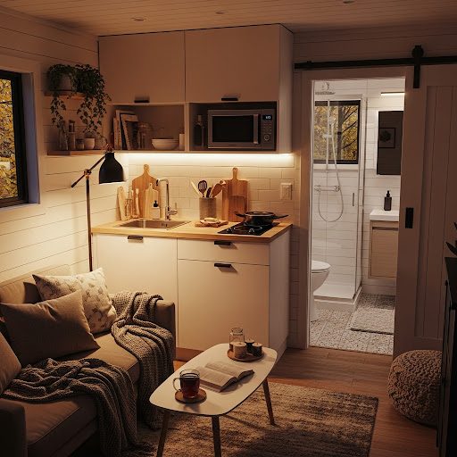 Cosy interior with a kitchen, living area, and a bathroom visible in the background.