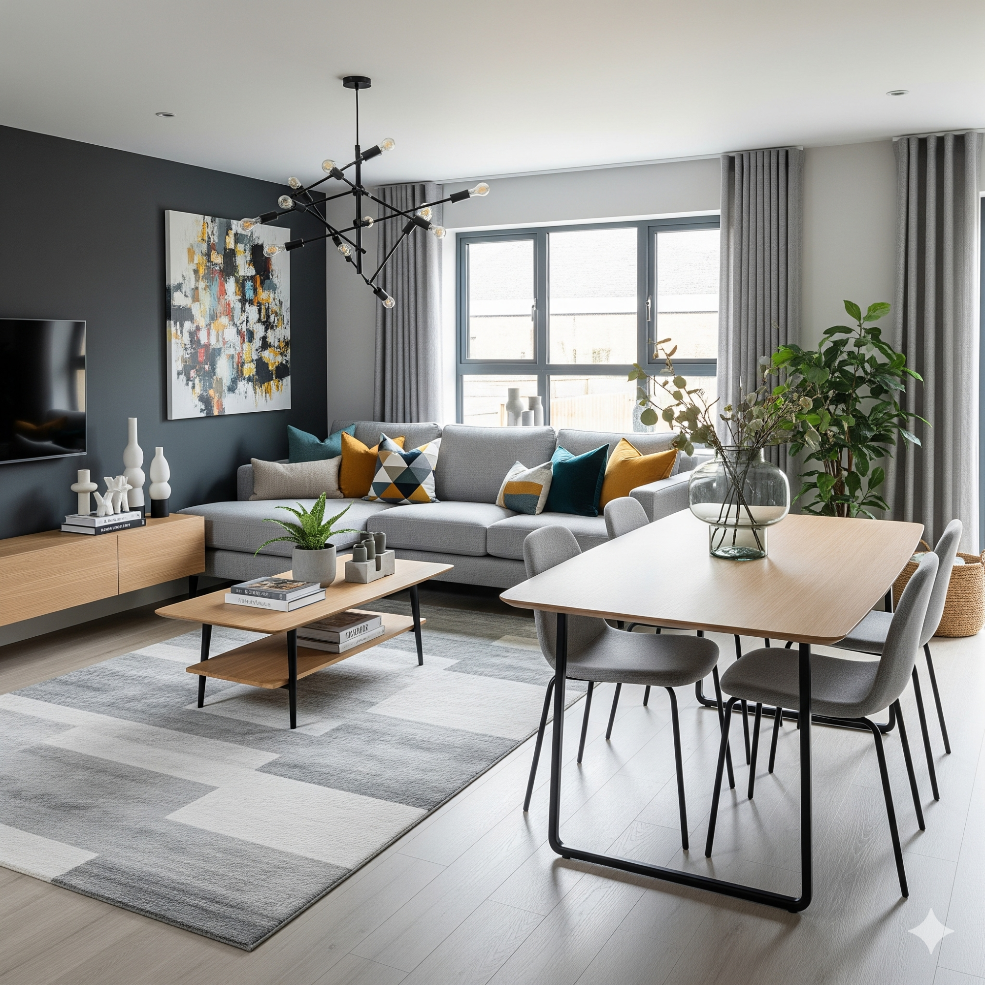 Modern & Contemporary Modern living room with a grey sofa, wooden table, and stylish décor.