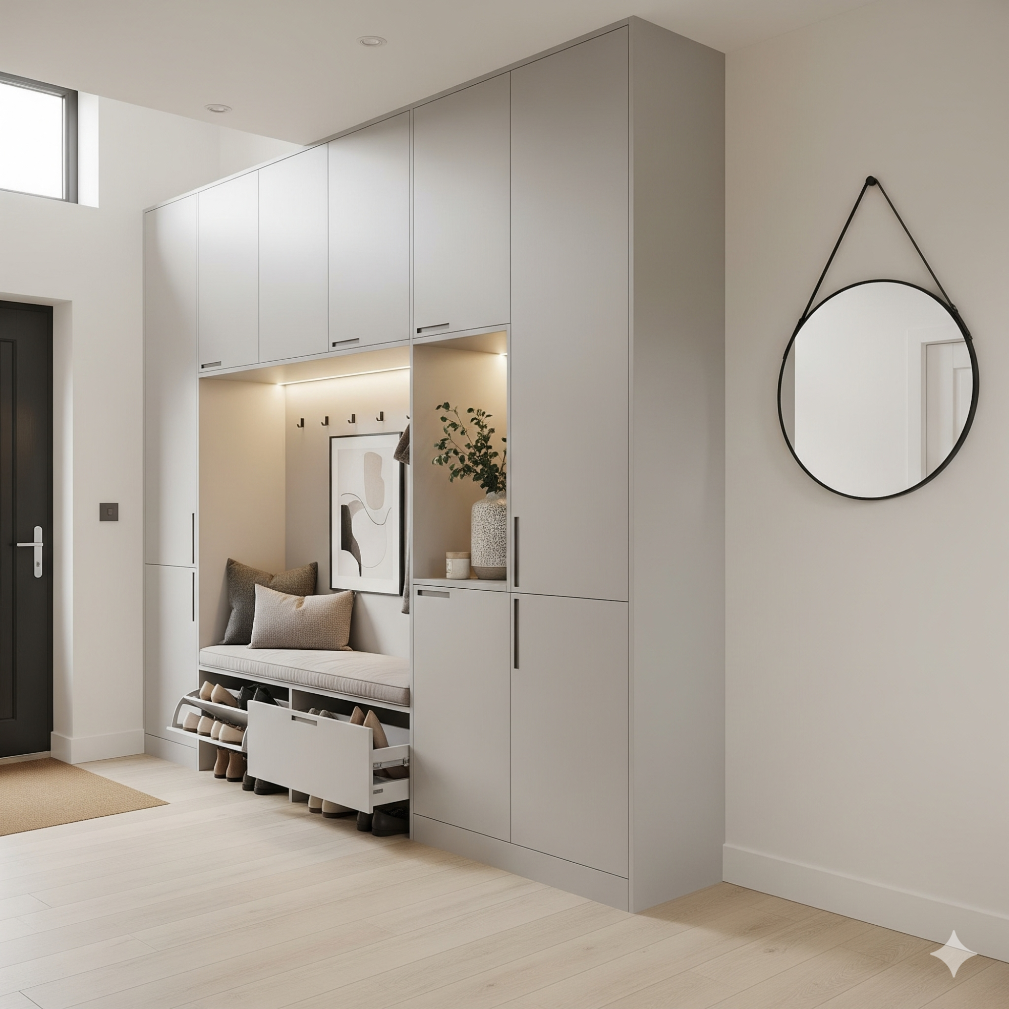 Smart Storage Solutions Modern interior with grey cabinetry, a mirror, and a cozy seating area.