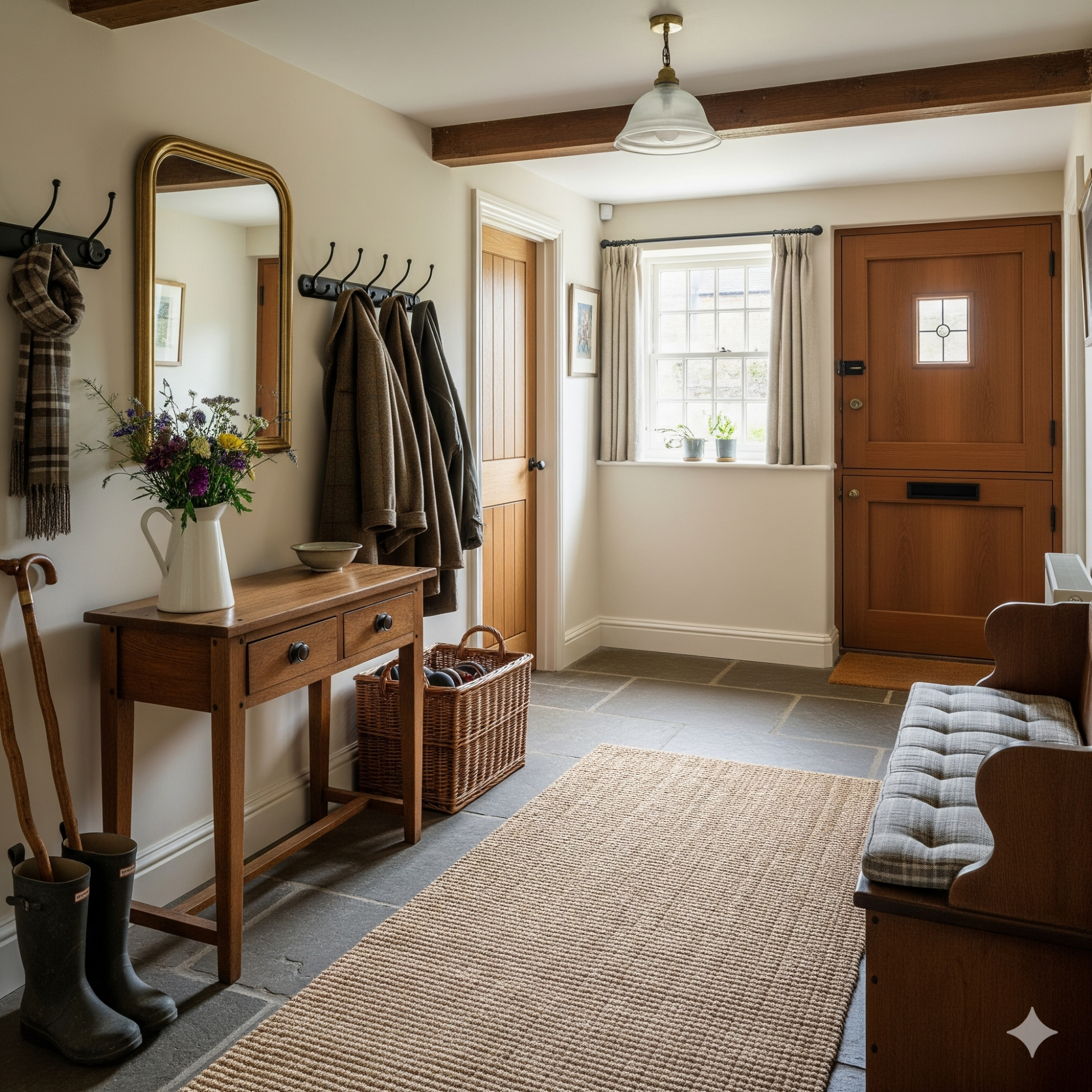 Functional Farmhouse Rustic Welcoming hallway with a console table, coat hooks, and natural light from the entrance.