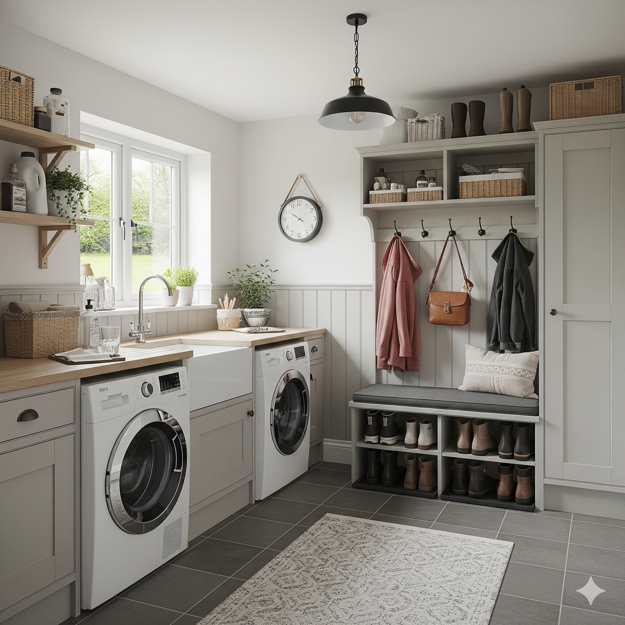 The Bootility (Boot Room + Utility Room) A modern laundry room with white appliances, shelving, and a shoe bench.
