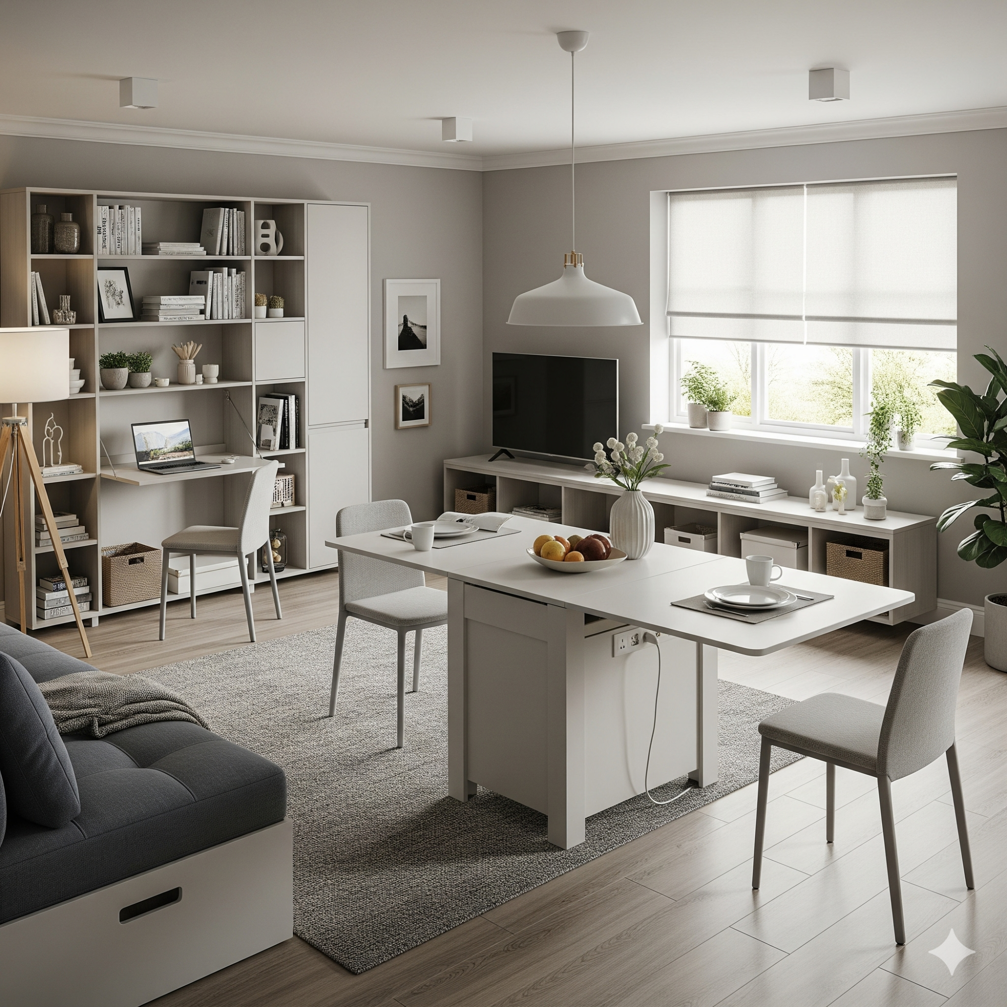 Multifunctionality Modern living room with a light colour scheme, dining table, chairs, shelves, and a plant.