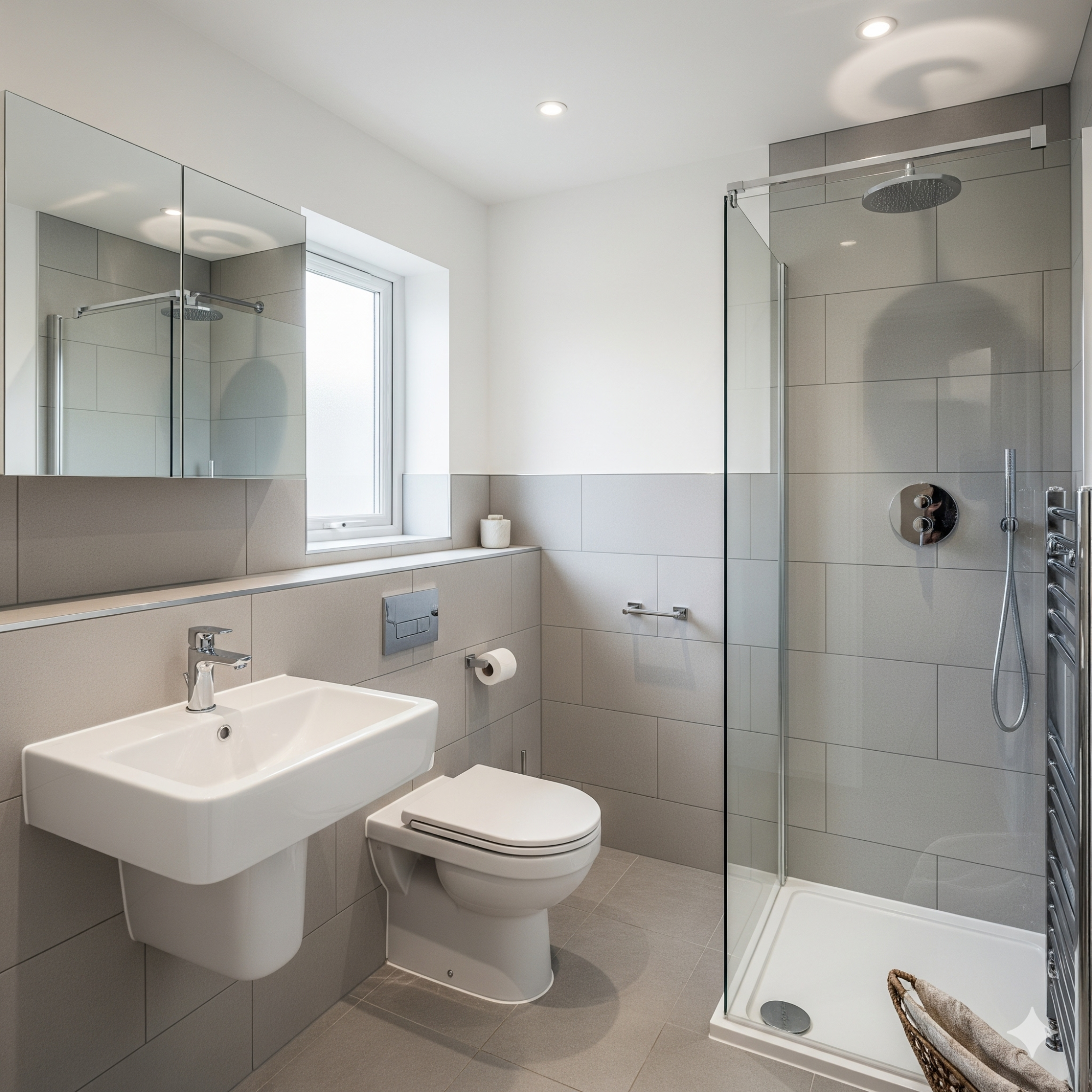 Highly Functional Shower Room Modern bathroom with a shower, sink, and toilet, featuring light grey tiles.
