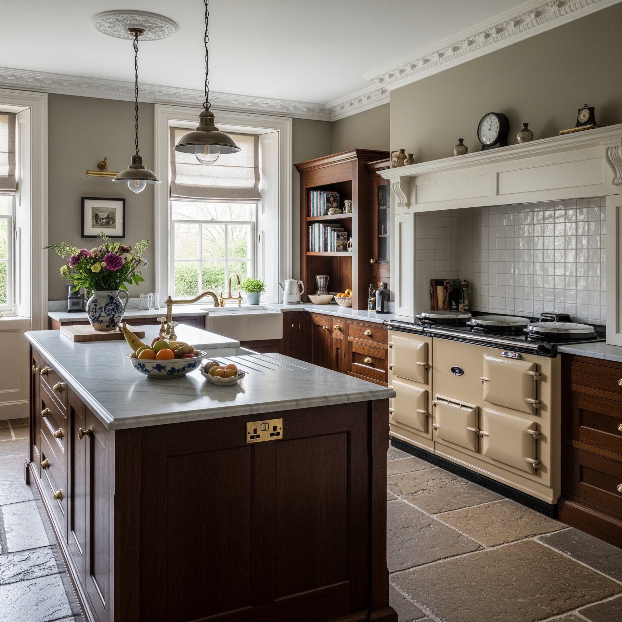 classic style Spacious kitchen with islands, wooden cabinets, flowers, and traditional cooking range.