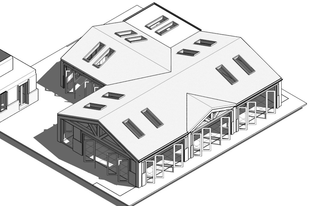 Proposed 3D view Aerial view of a two-section building with multiple skylights and seating areas.
