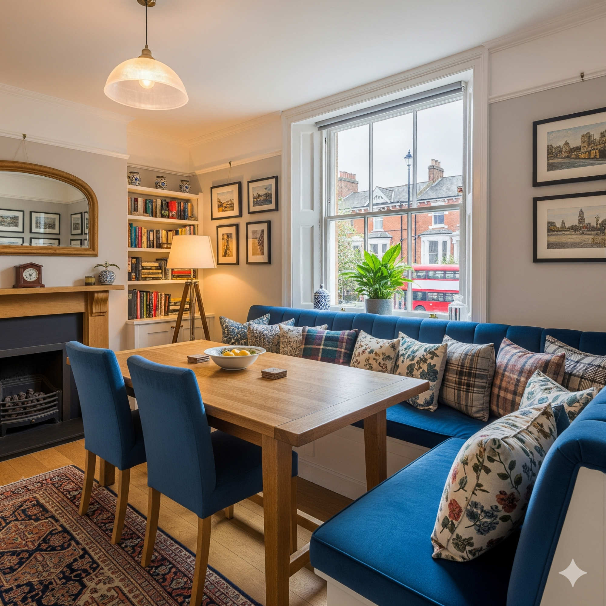 Banquette Seating Cozy living room with a blue sofa, wooden dining table, and decorative wall art.