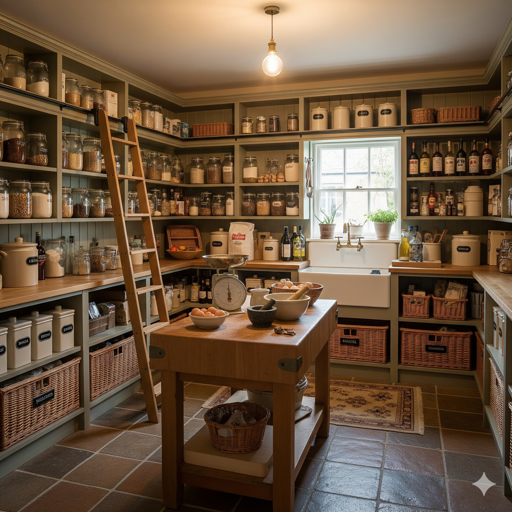 Larder Room A well-organised kitchen pantry filled with jars and baskets on shelves.