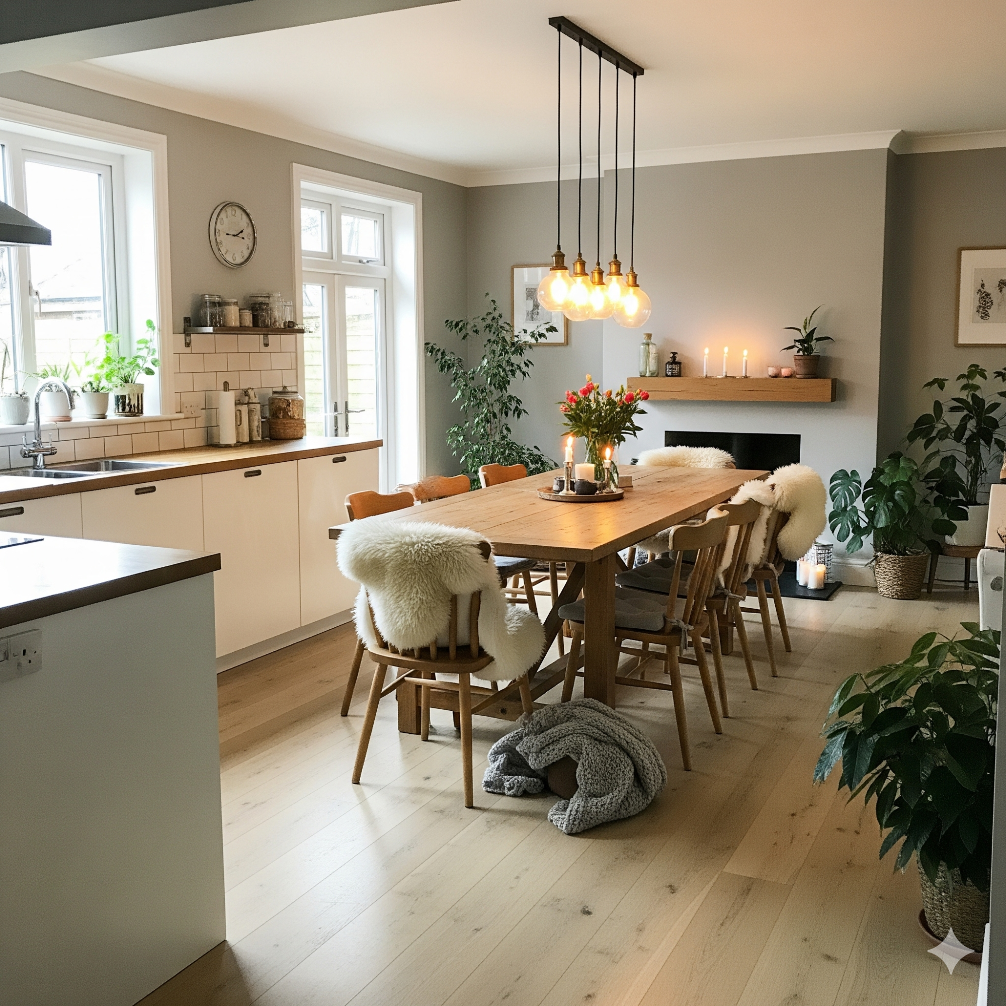 Scandinavian Hygge Bright, modern dining area with a wooden table, plants, and stylish lighting.