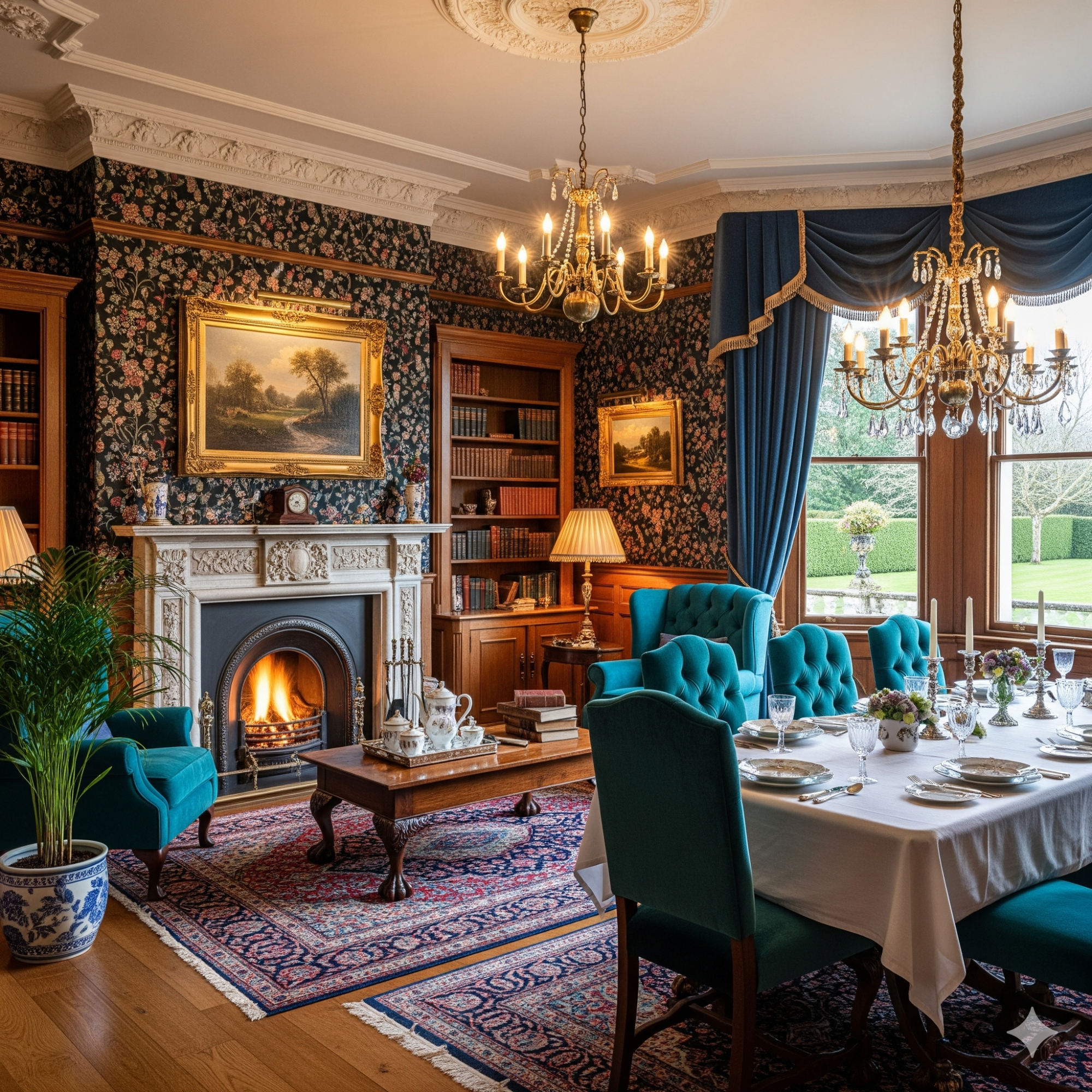 Traditional - Victorian Elegant dining room with a table set, vintage decor, and a warm fireplace.