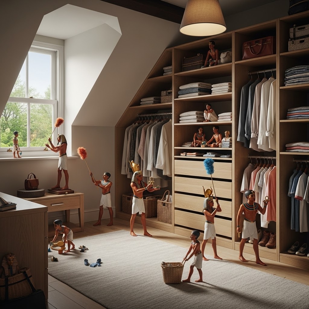 Walk-in Closet Room A children's room with a large wardrobe, toys, and small figures playing.