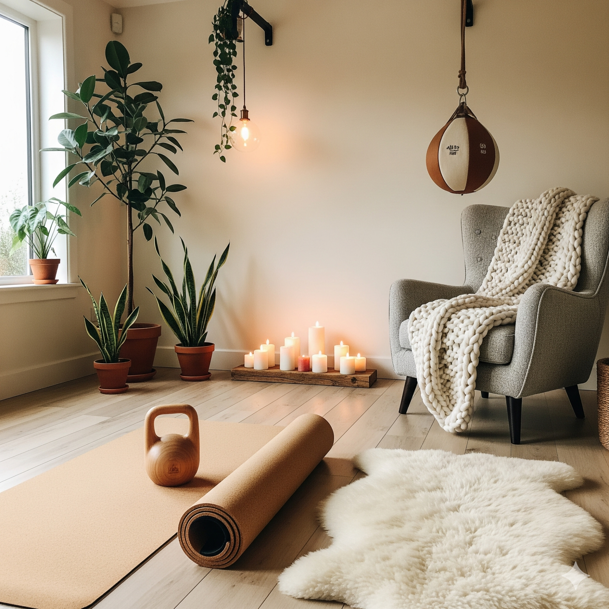 Scandinavian Hygge Cozy, well-lit room with plants, a chair, candles, and yoga equipment on a wooden floor.