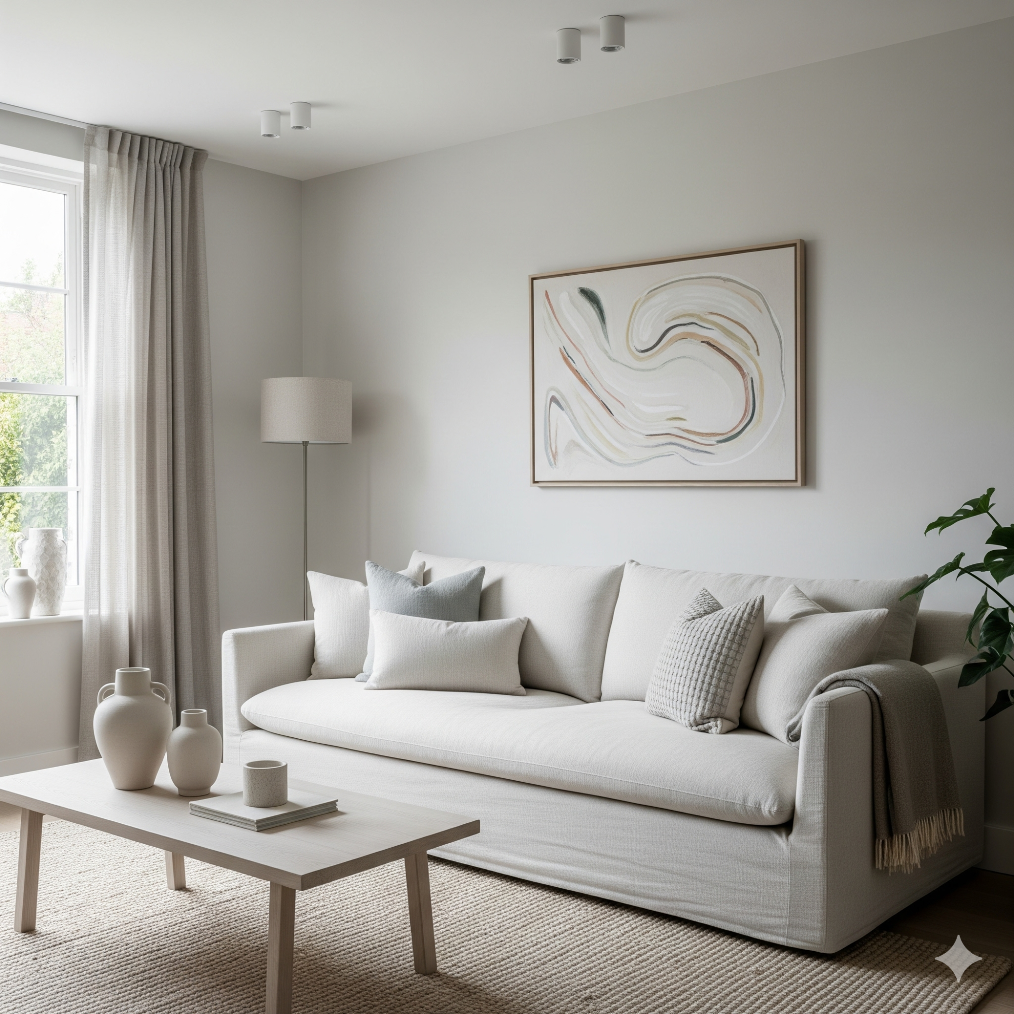Soft Minimalism Light, modern living room featuring a neutral sofa, decorative cushions, and a coffee table.