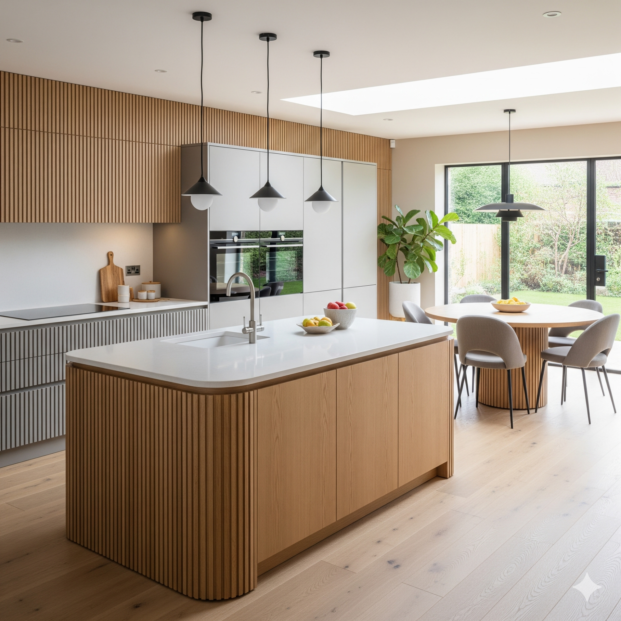 Fluted Finishes Modern kitchen with a wooden island, grey cabinets, and dining area with natural light.