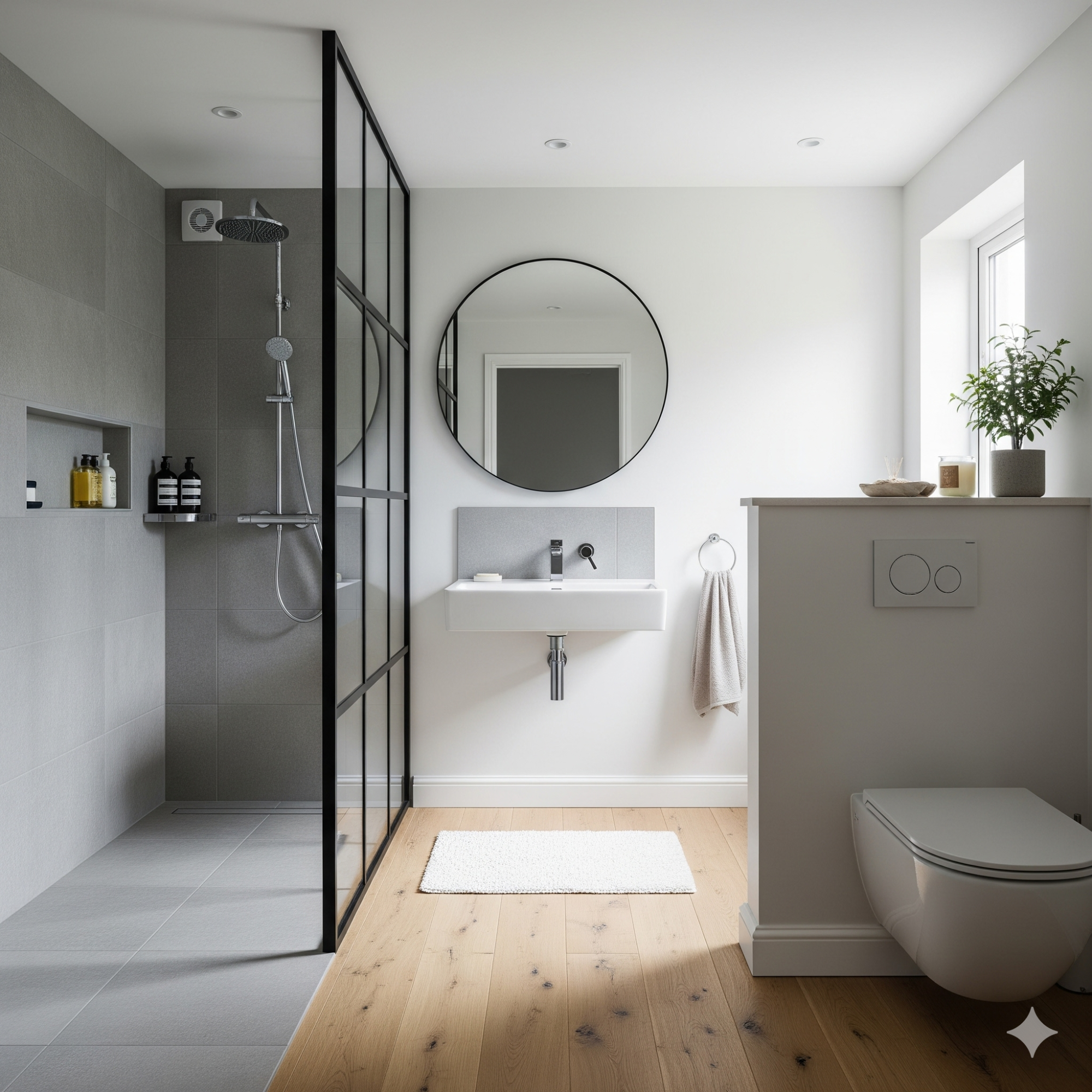 Broken-Plan Modern bathroom featuring a shower, sink, round mirror, and minimalist decor.