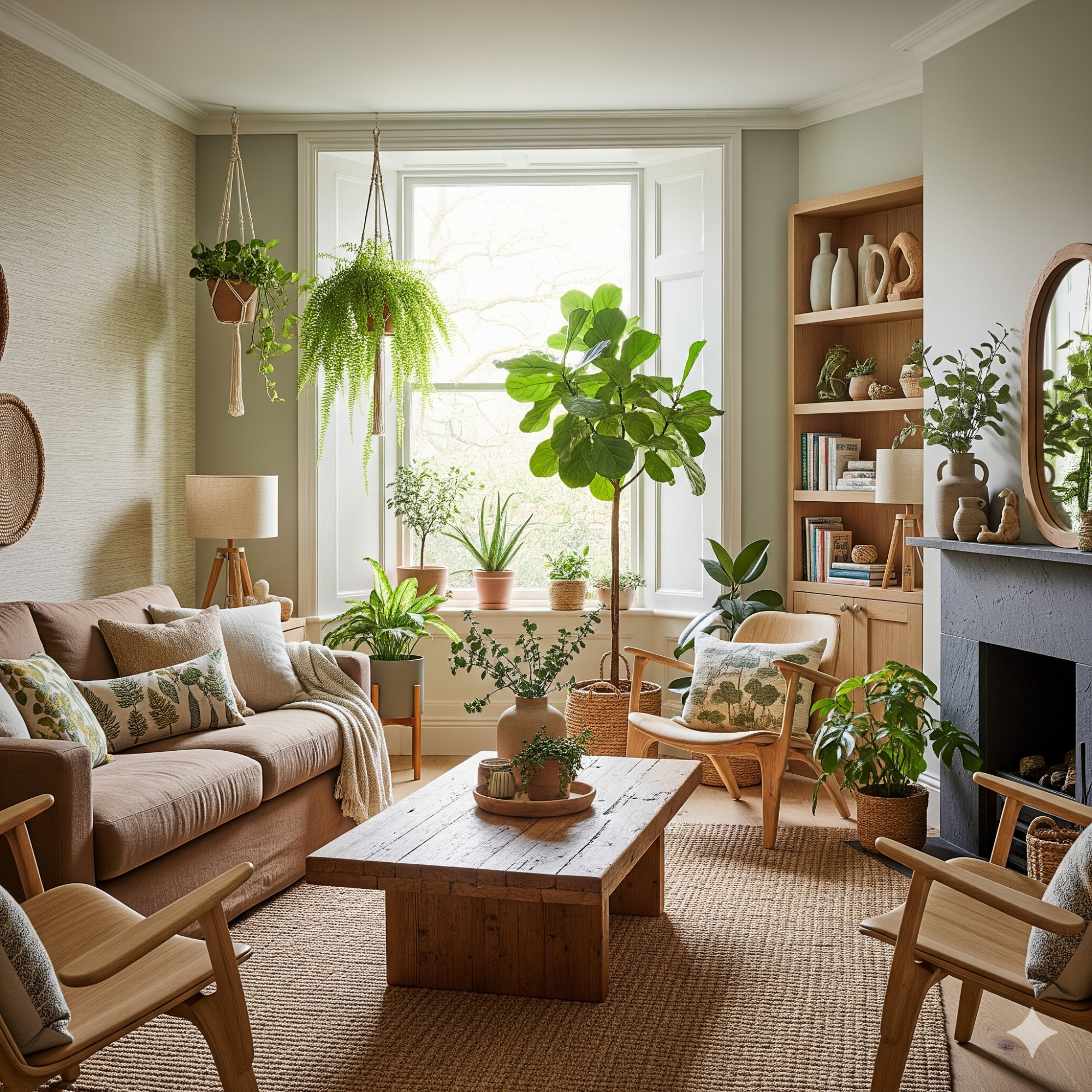 Natural Materials & Biophilic Design Bright living room filled with plants, a comfy sofa, wooden furniture, and natural light.