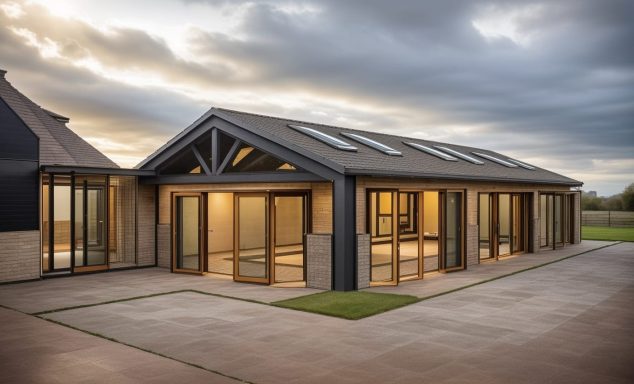 Modern building with large glass doors and windows, set against a cloudy sunset sky.