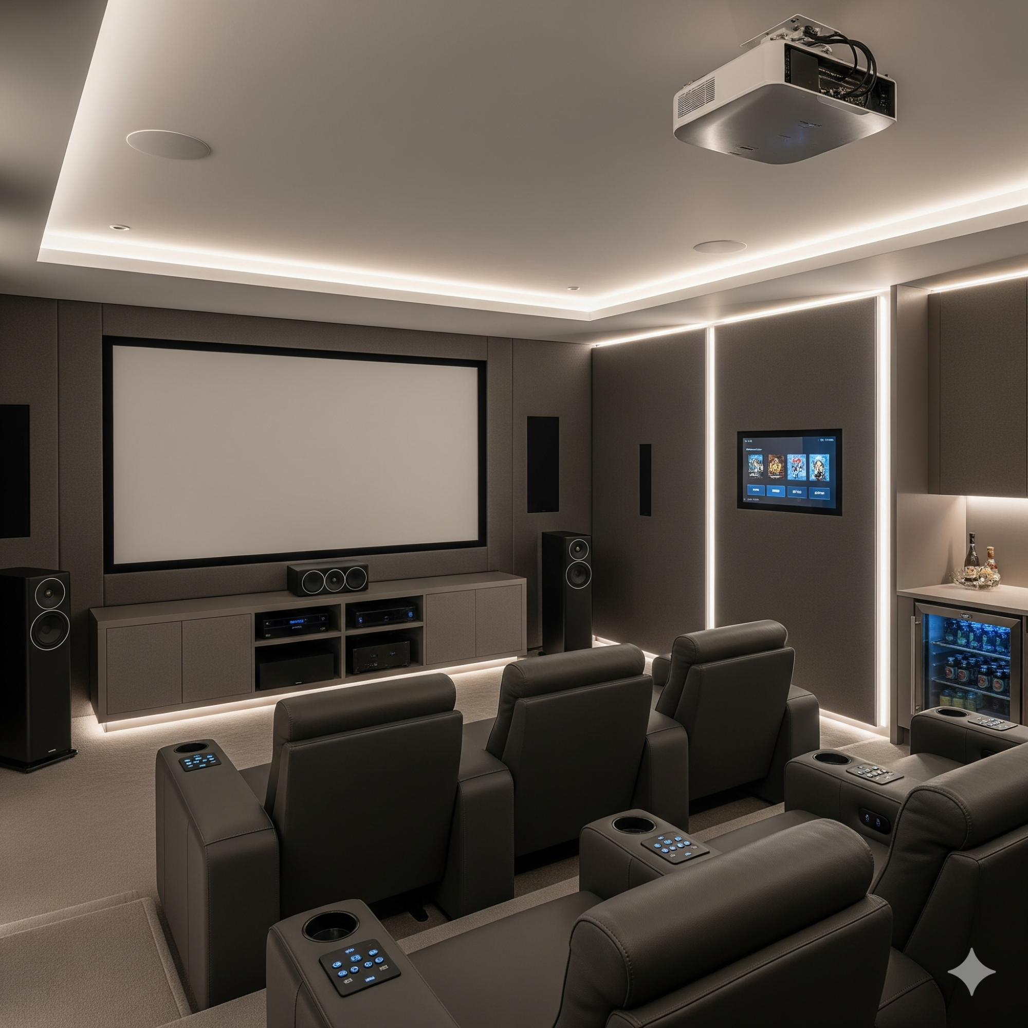 Smart Technology Home cinema featuring a large screen, comfortable seating, and ambient lighting.