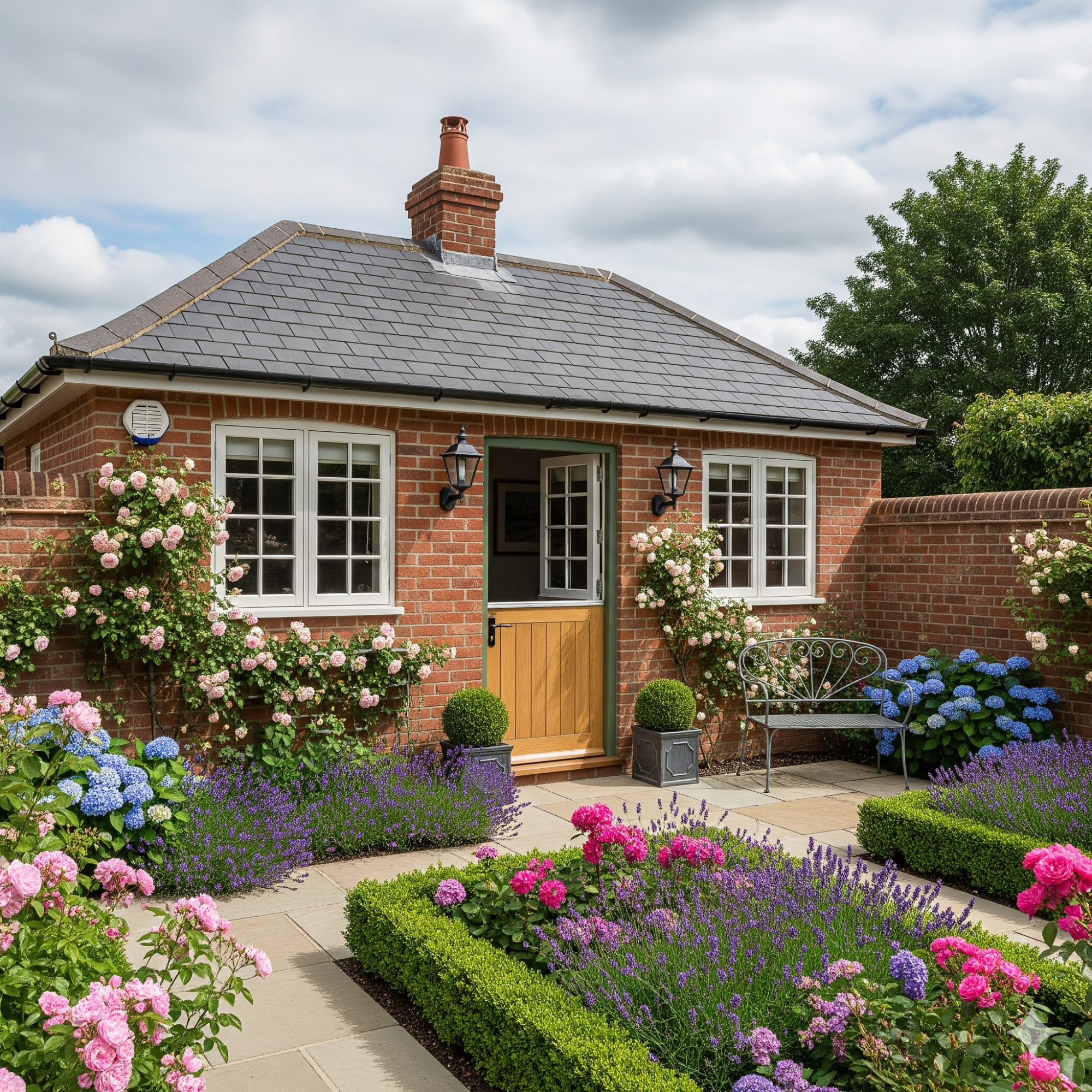 Traditional & Classic Charming cottage surrounded by colourful flower beds and greenery under a cloudy sky.