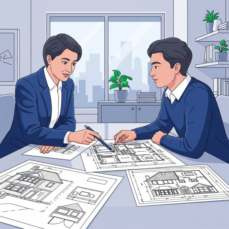 UK Planning pre-application service Two professionals discussing architectural blueprints at a table, city skyline in the background.