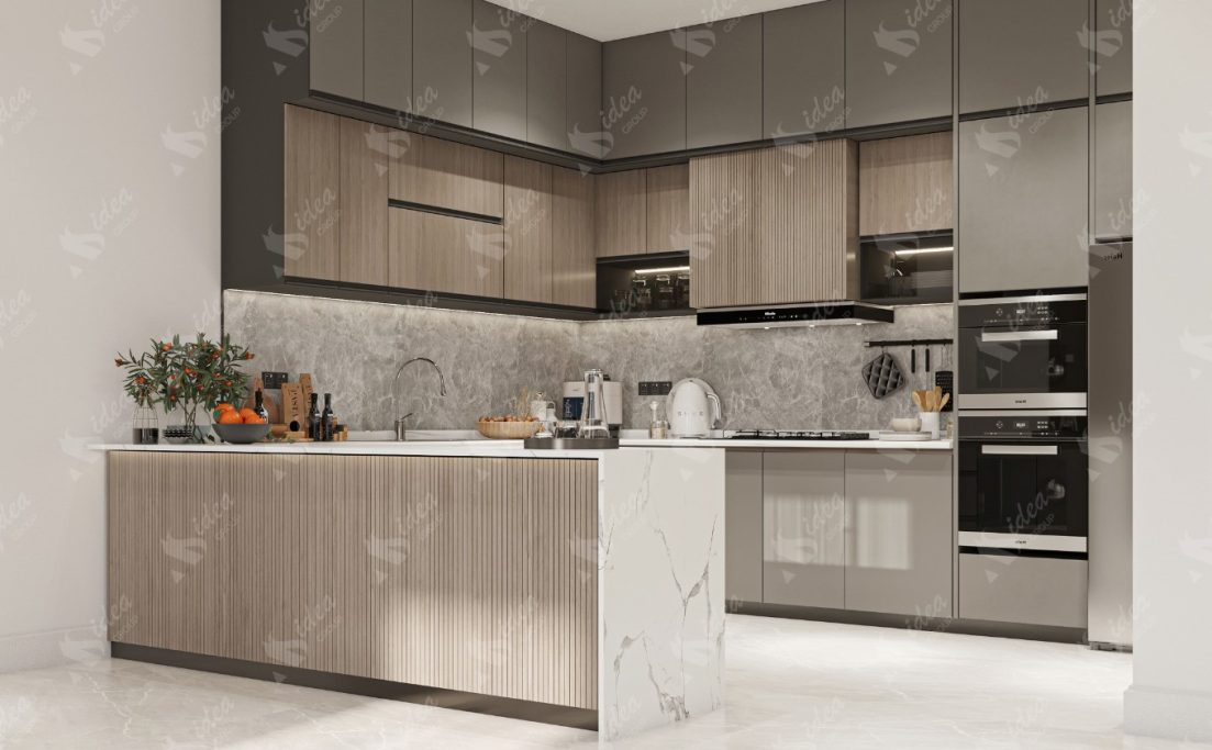 Kitchen Modern kitchen design with grey and wooden cabinets, marble countertops, and appliances.