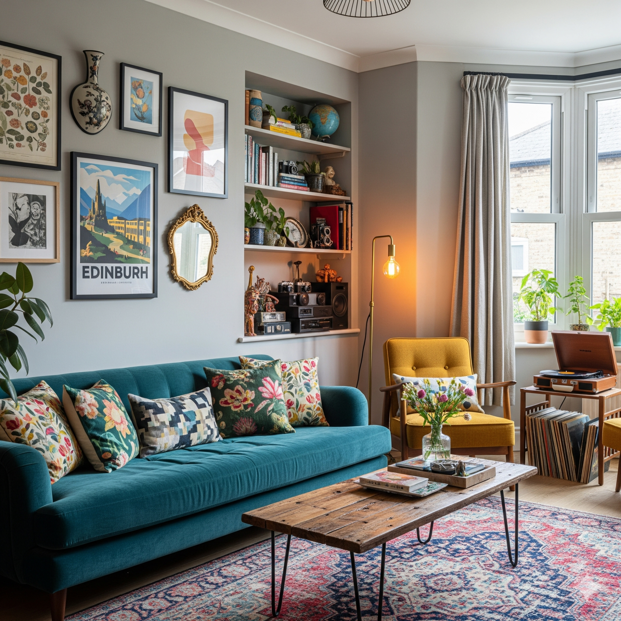 Eclectic Bright living room with a teal sofa, floral cushions, bookshelves, and plants.