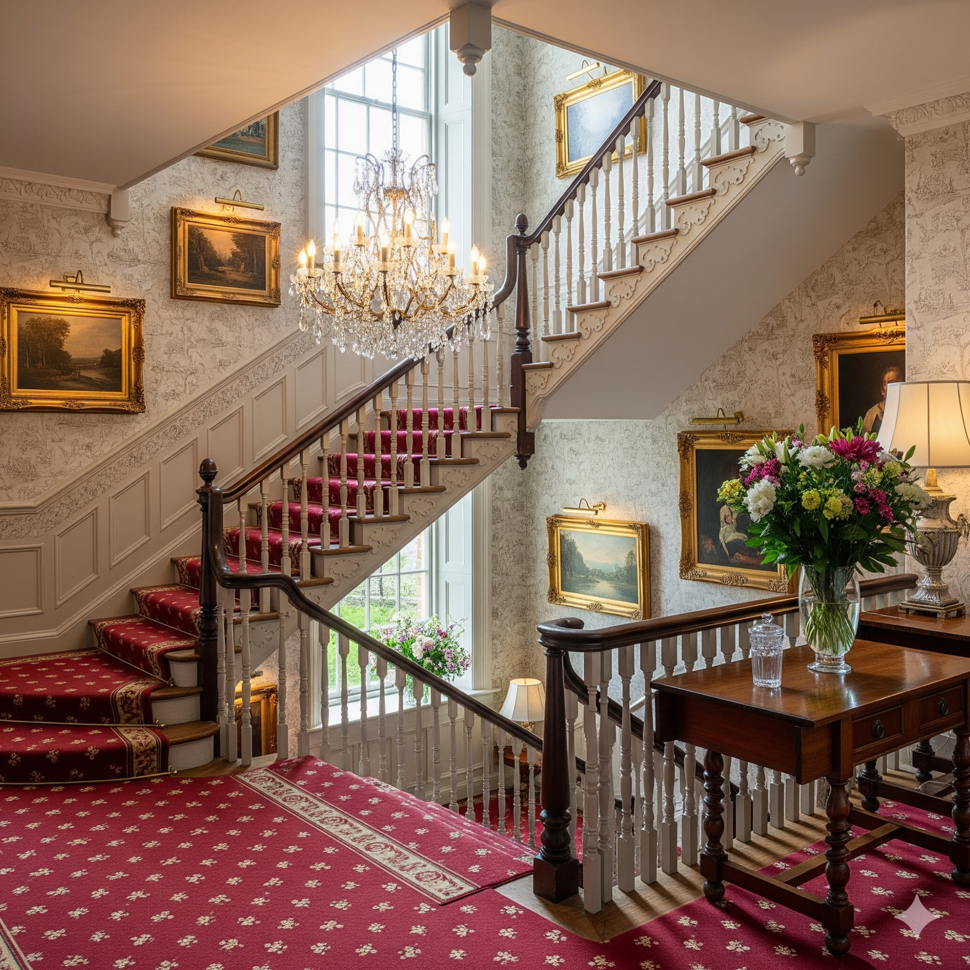 Classic & Traditional Luxury interior of a staircase with floral arrangements and artwork on the walls.