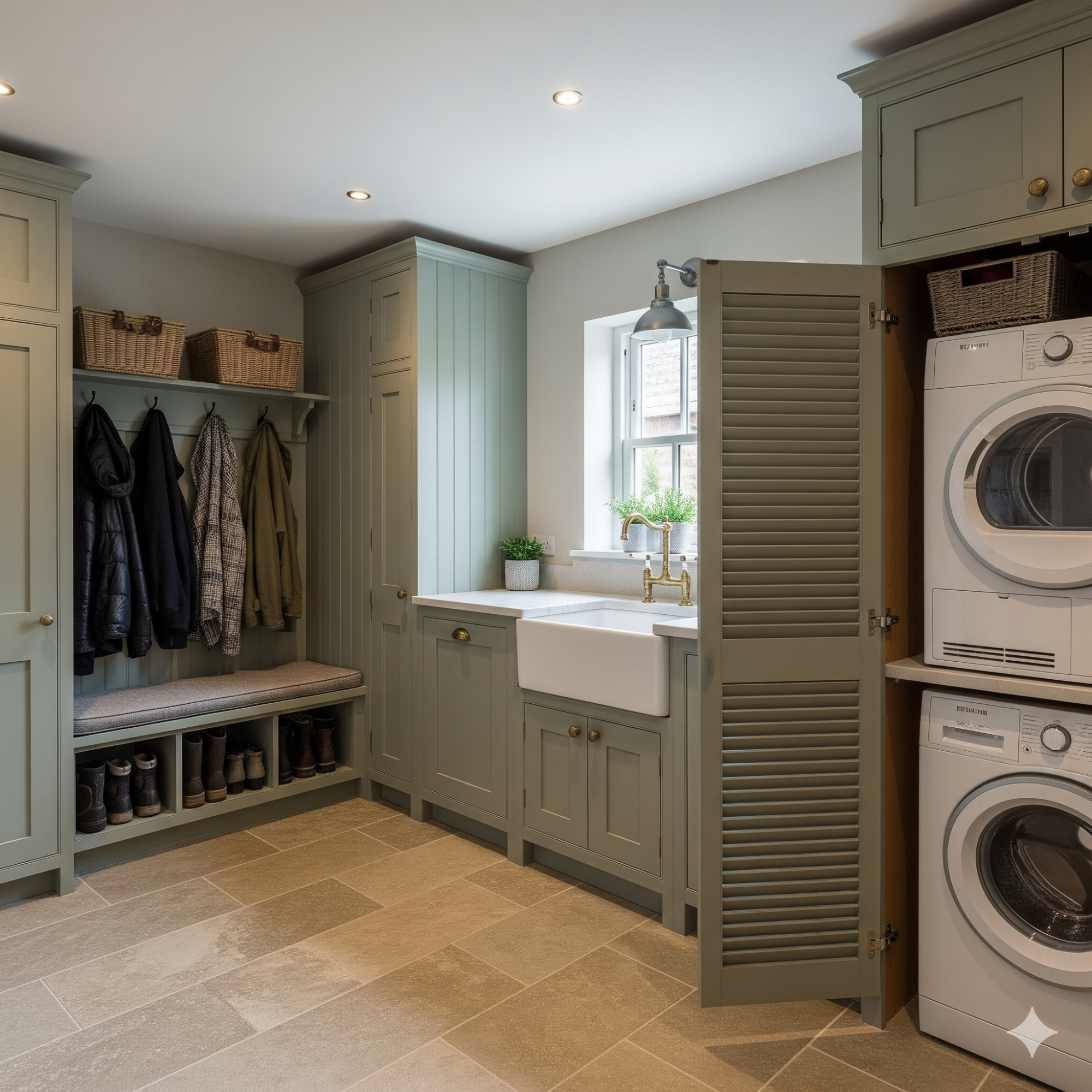 Bootility (Boot Room + Utility Room) Stylish laundry room featuring a washer, dryer, sink, and storage for coats and shoes.
