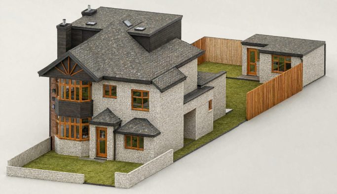 Smart, Stylish & Spacious: A Total Home Upgrade with Loft, Rear & Garden Extensions 3D model of a modern two-storey house with a garden and wooden fence.