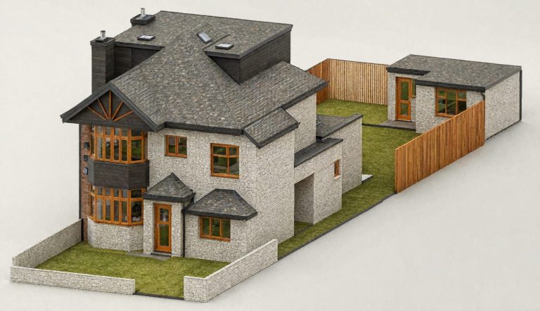 Exterior render Modern glass extension with a wooden frame, set on a green lawn.