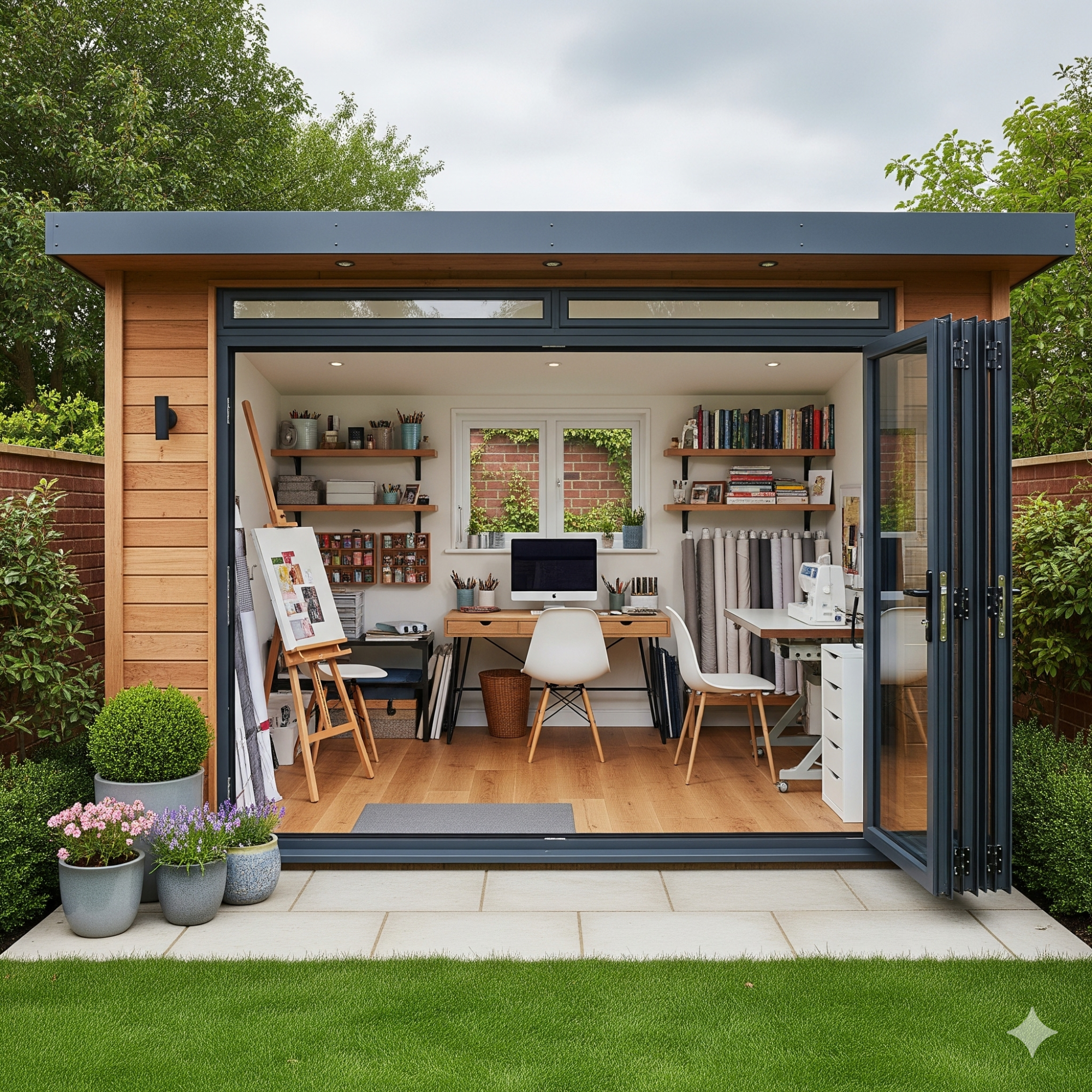 The Garden Studio Modern garden office with wooden exterior, white furniture, and lush greenery outside.