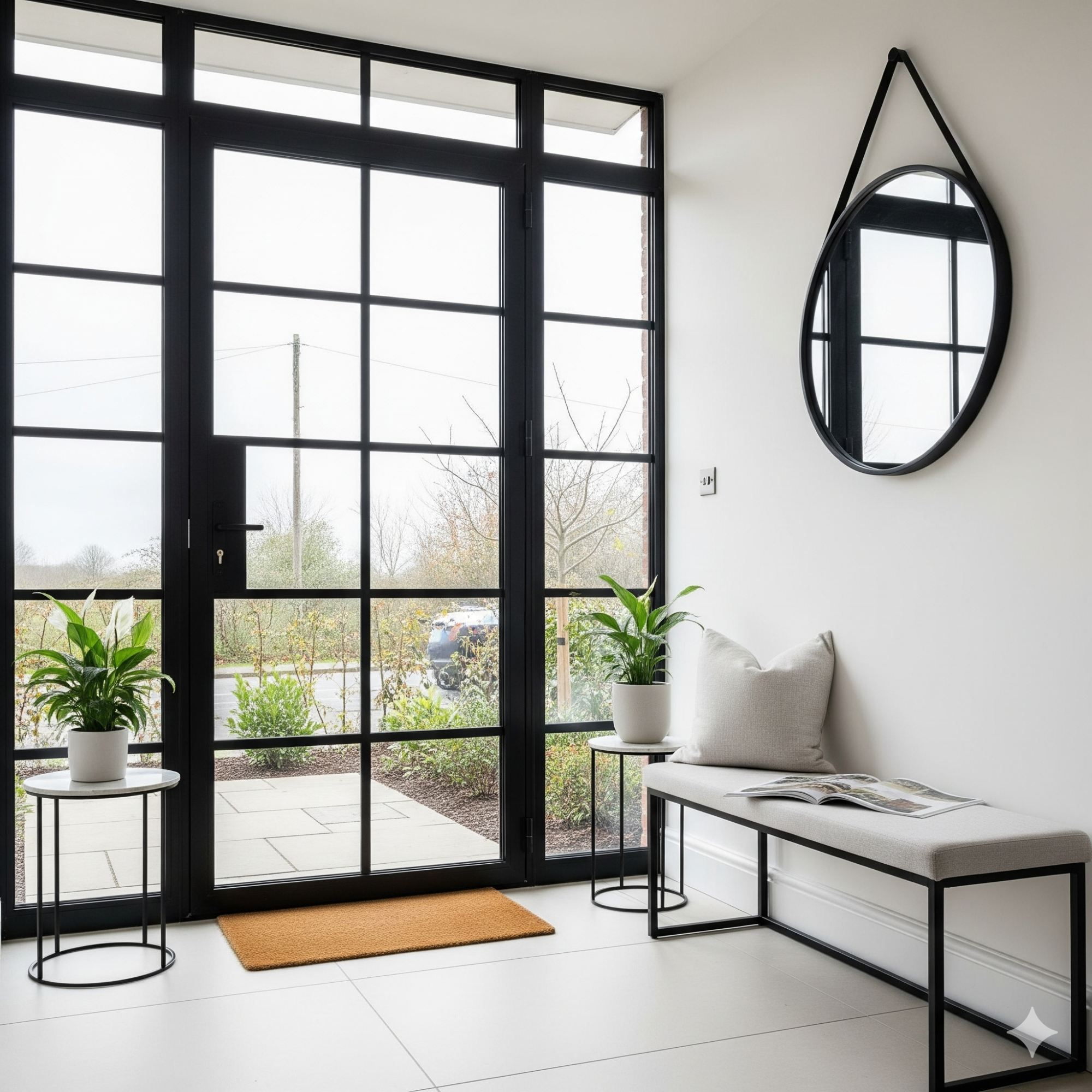 Crittall-style doors A modern entryway with a bench, plants, a mirror, and a view through large glass doors.