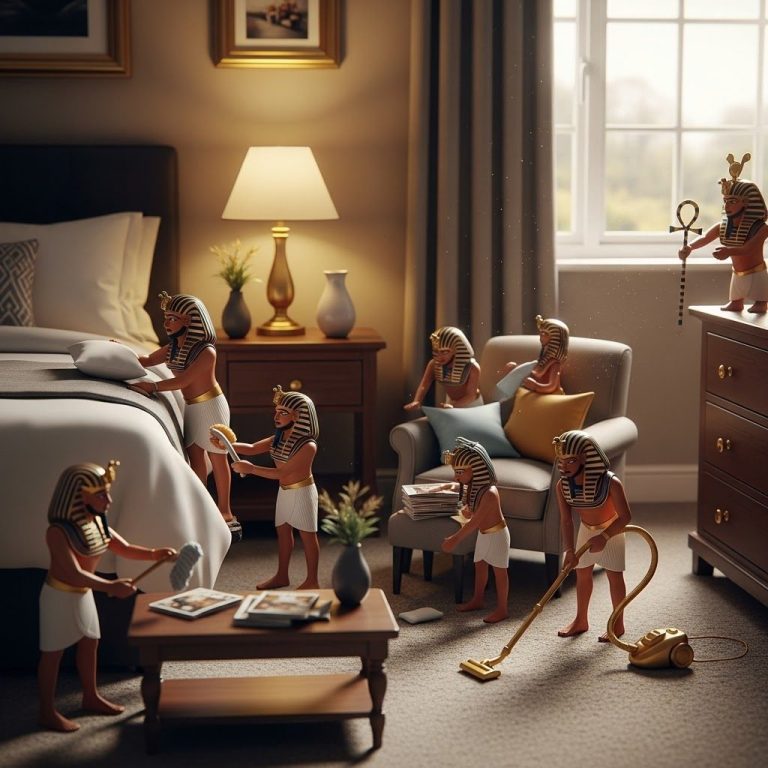 UK Guest Suite A whimsical scene of small figures with lion heads cleaning a cozy hotel room.