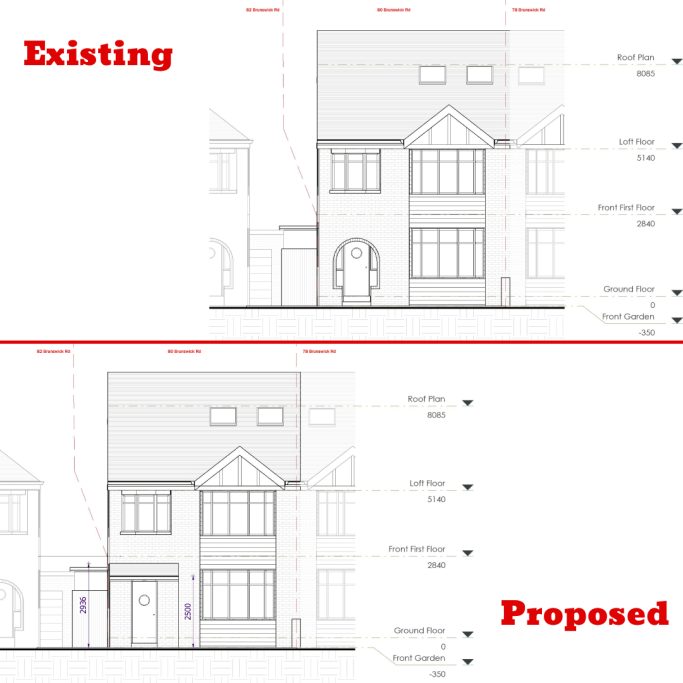 Existing and proposed front elevation Comparison of existing and proposed architectural façade designs for a building.