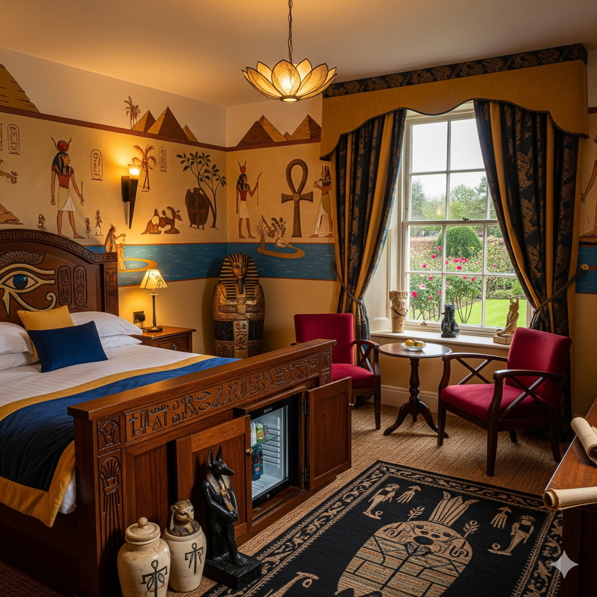 Themed Rooms Bedroom styled with Egyptian decor, featuring a bed, chairs, window, and decorative elements.