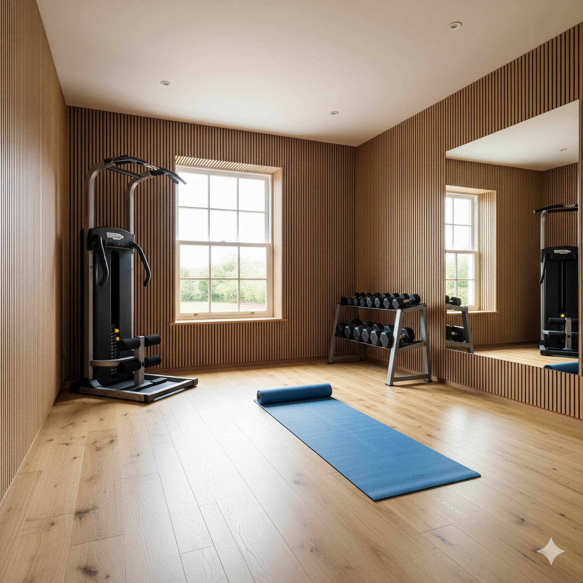 Acoustic Panelling Bright home gym with a blue yoga mat, weight racks, and exercise equipment.